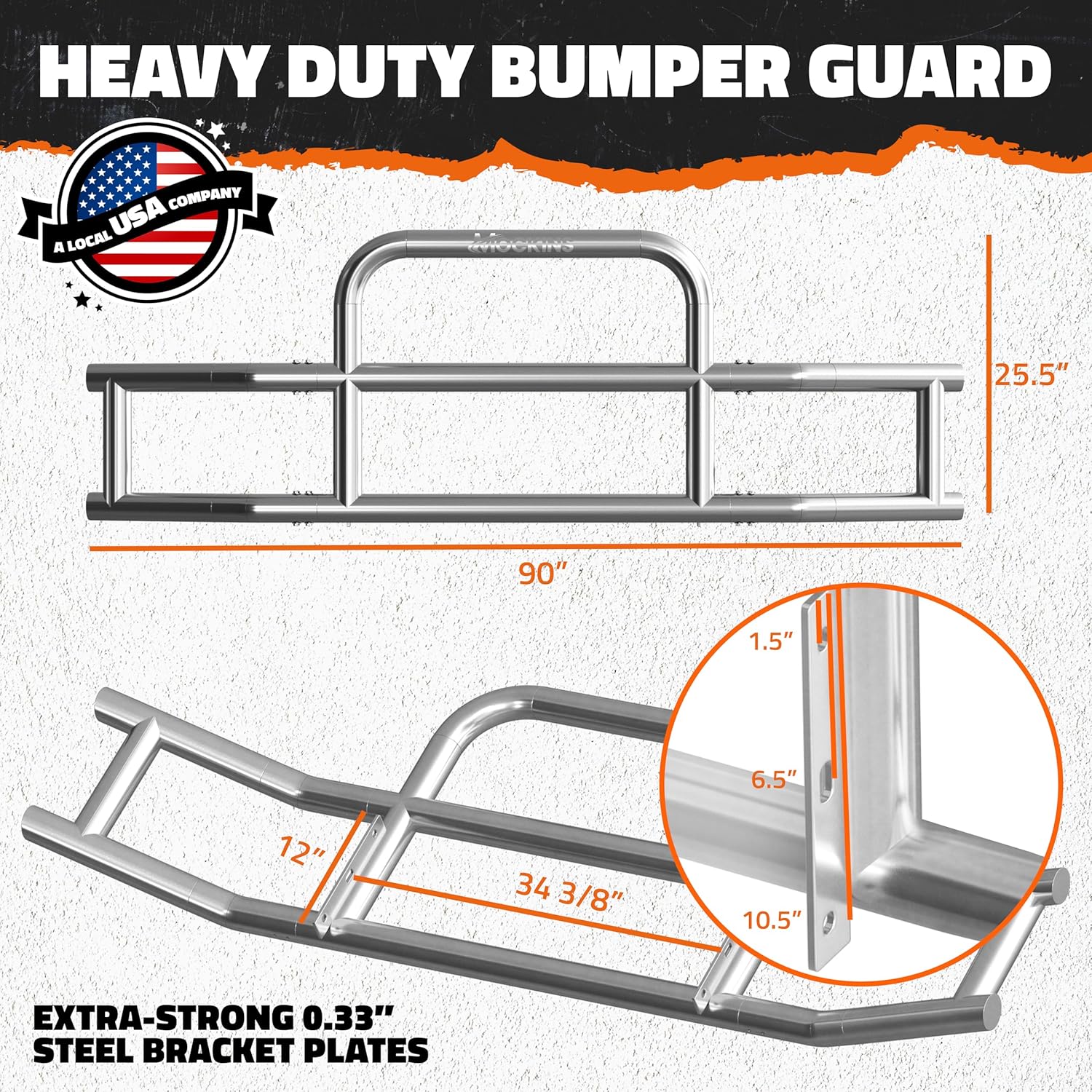 Mockins 90”x11.5”x25.5” Stainless Steel Front Bumper Guard for Trucks | All-Weather 7.5 Ft. Grille Guard Compatible with Peterbilt Semi-Truck 386 & 587-2019 Mounting Bracket Sets