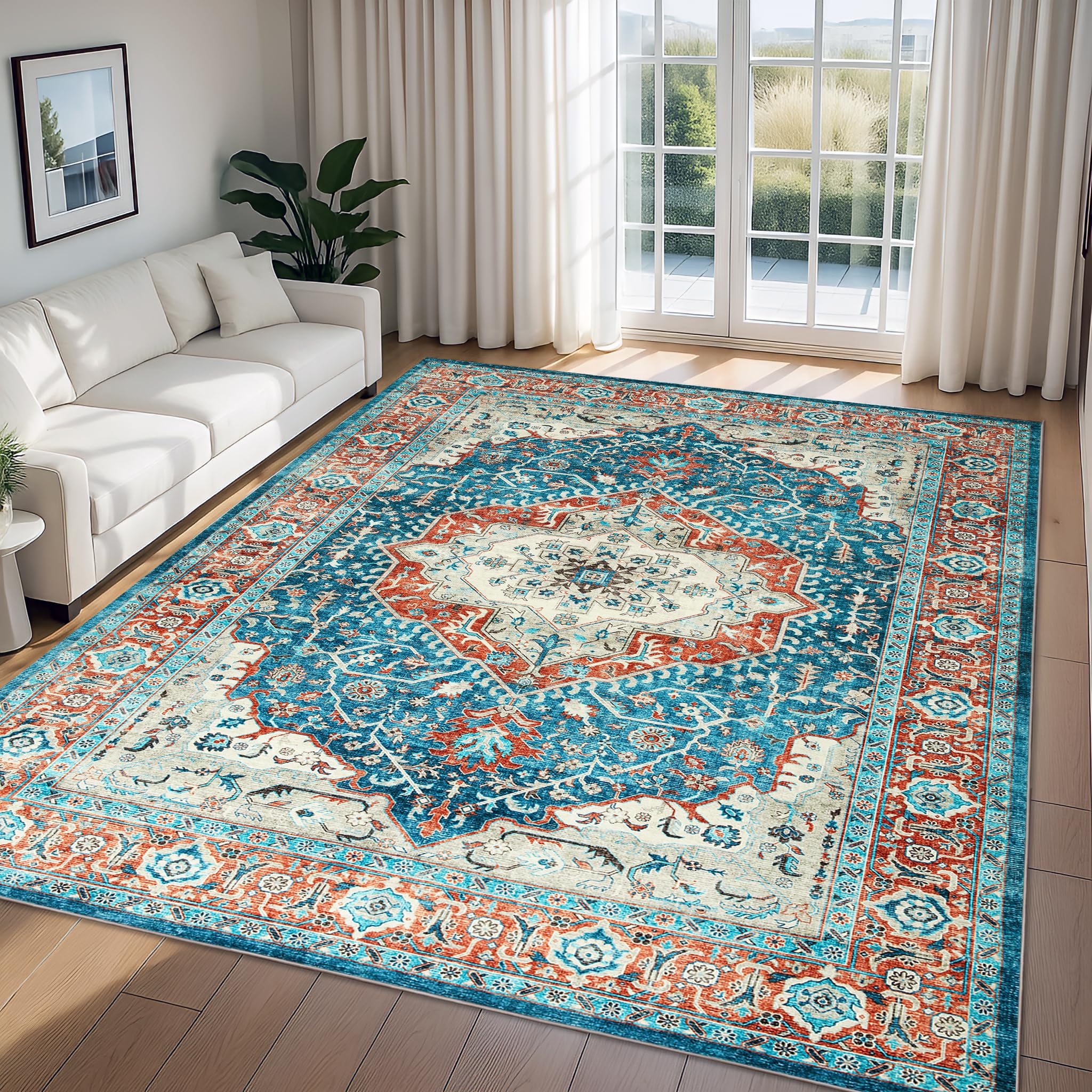BedLooms Machine Washable Orange Teal Area Rugs Living Room Extra Large 240x320 cm, Short Pile Boho Rug for Bedroom Soft Non Slip Vintage Floral Carpet for Dining Room (Regal)