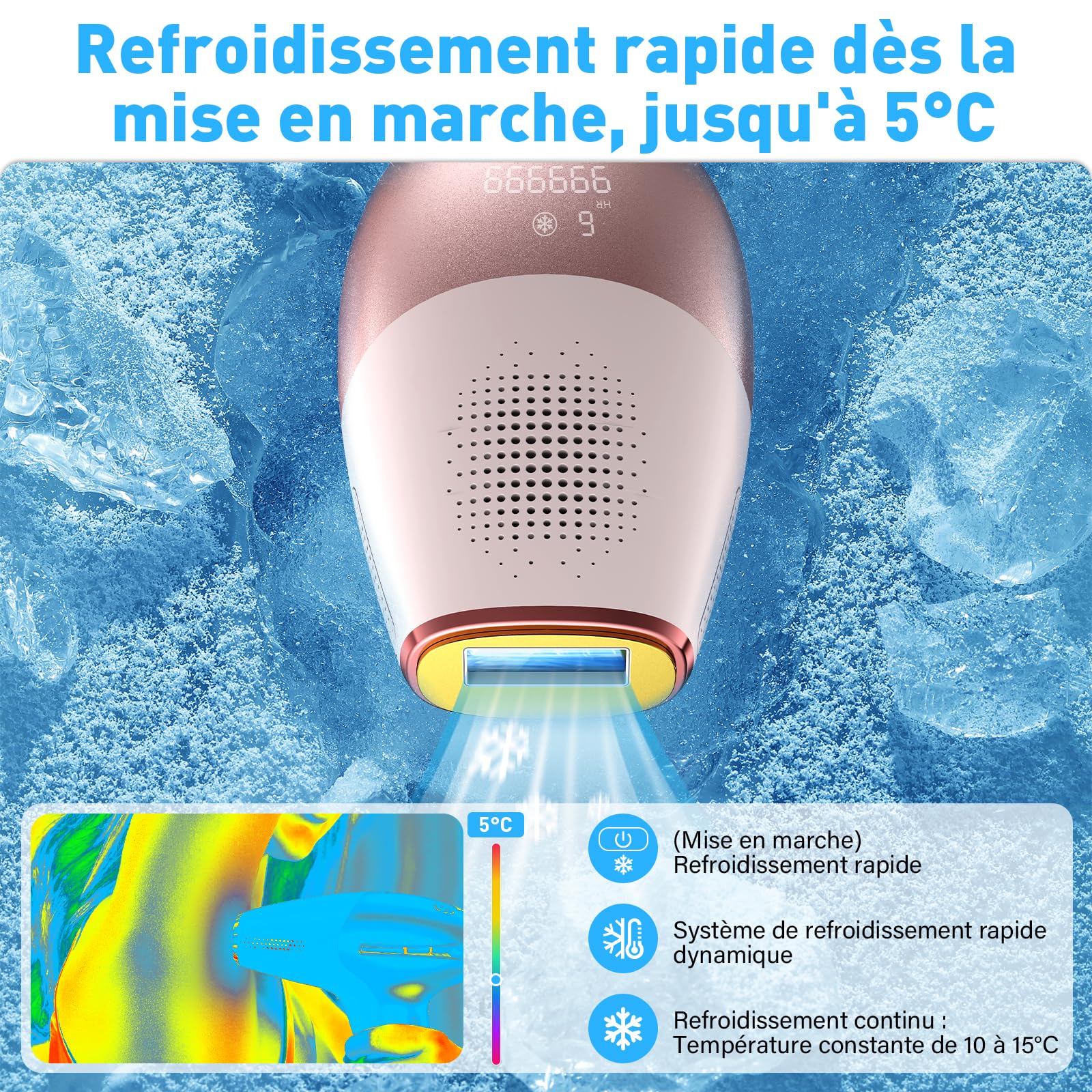 Épilateur Lumière Pulsée avec Fonction de Refroidissement pour une peau douce et lisse, 9 Niveau d'intensité, Épilation définitive Laser, Disponible en modes filaire et sans fil