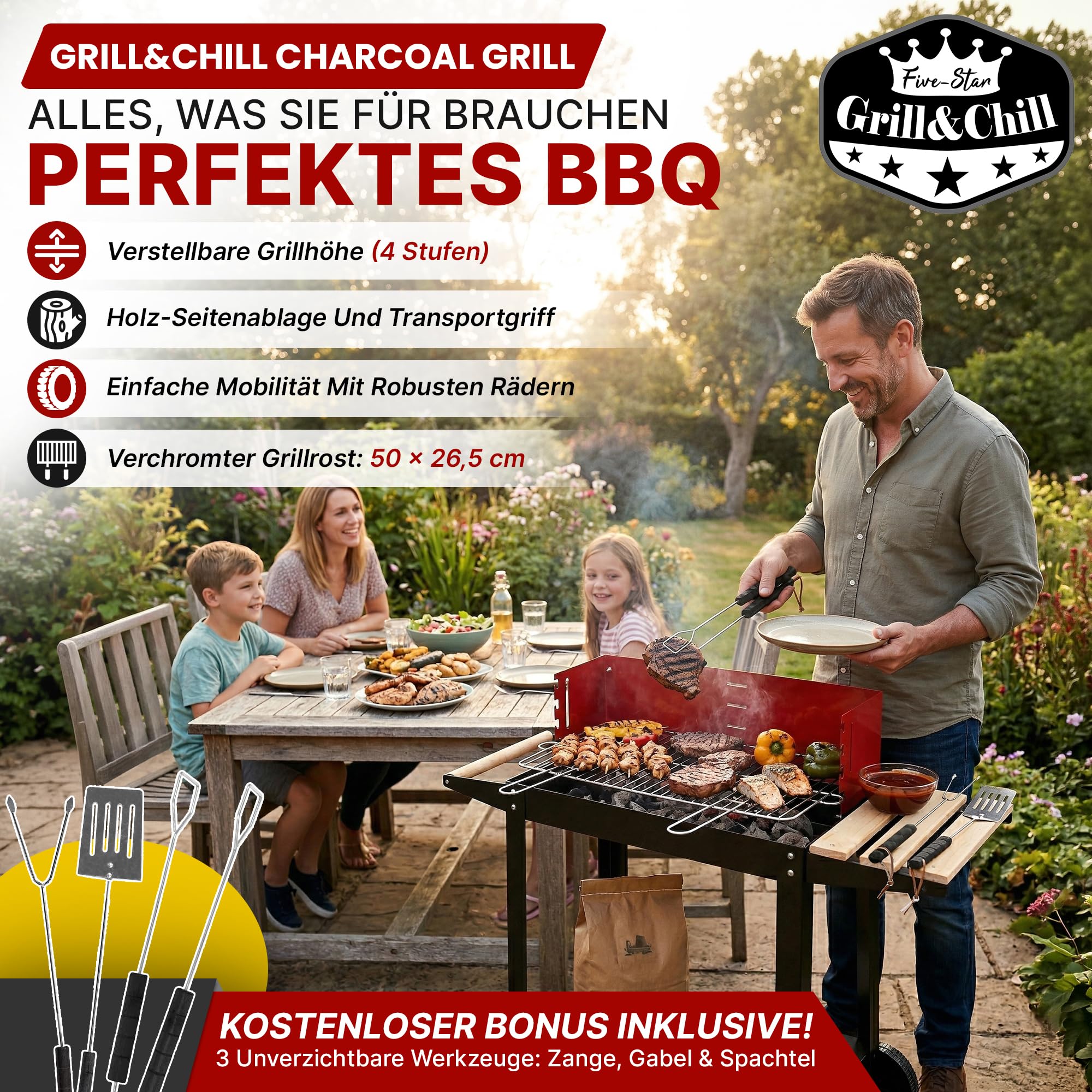 Five-Star Grill&Chill Holzkohlegrill – Verchromter Doppelrost 50 × 26,5 cm, 4-fach höhenverstellbar – Mobil mit Rädern & Holzablage – Für Garten, Balkon & Camping – Emaillierte Feuerschale