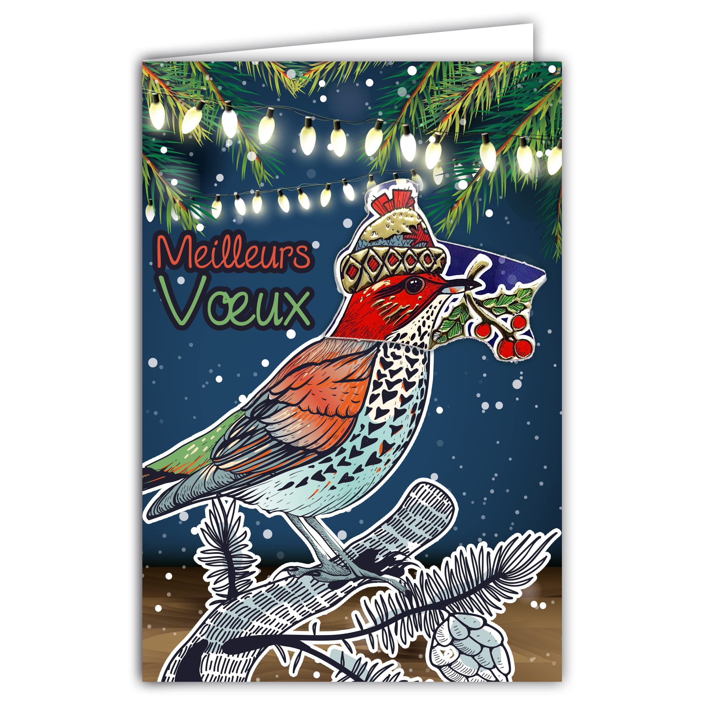 Afie 61-6002 Embossed Card with Envelope and Collage in Shiny Gold Hat Wish A Happy New Year Present Her Best Wishes Bird Under the Snow Berries Holly Fir Garland Light