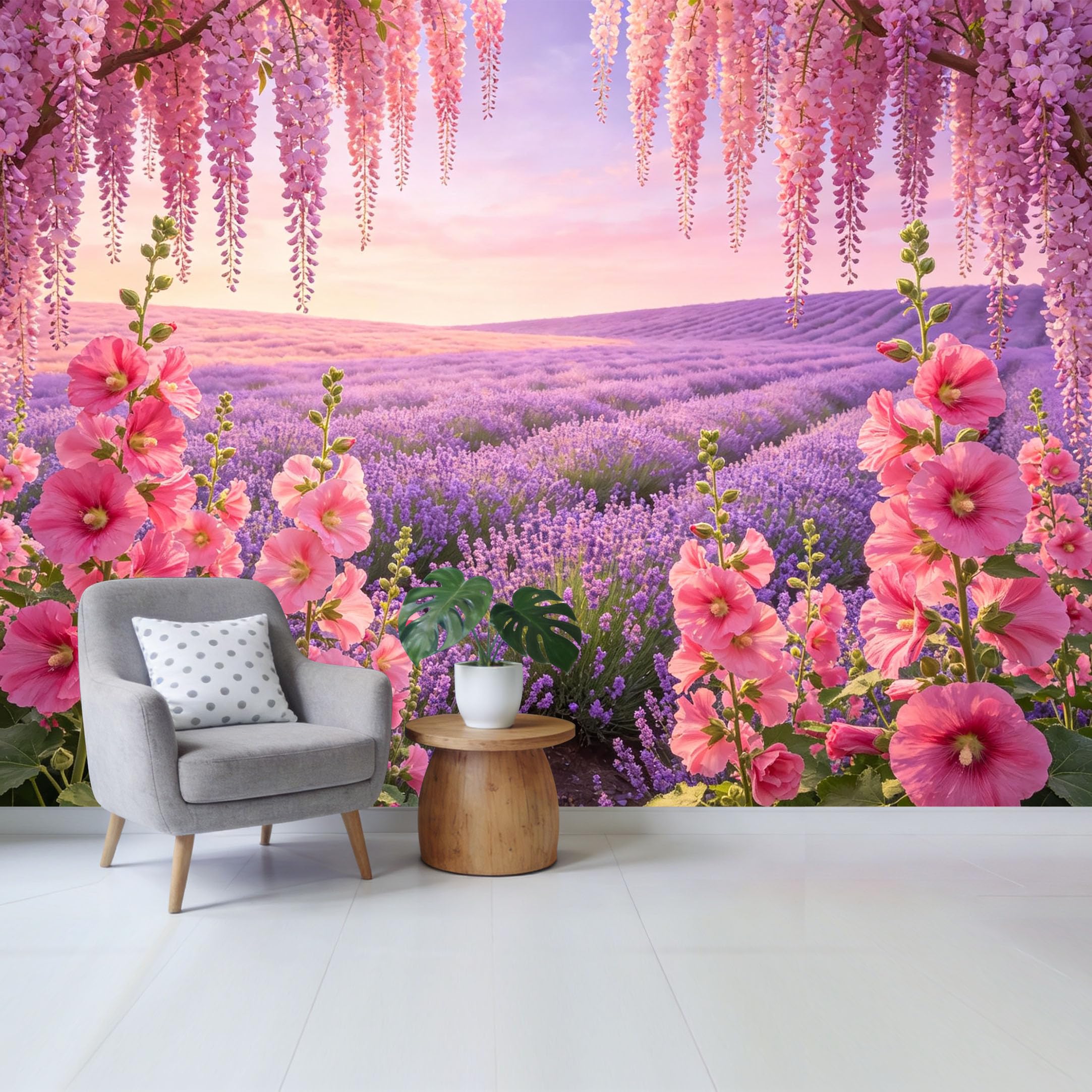 Qzlithotic Yq2605250541 Custom Size Wall Mural Purple Lavender Field Pink Wisteria Flowers Botanical Landscape Selfadhesive Wall Fabric Removable Wallpaper For Home Office Decor