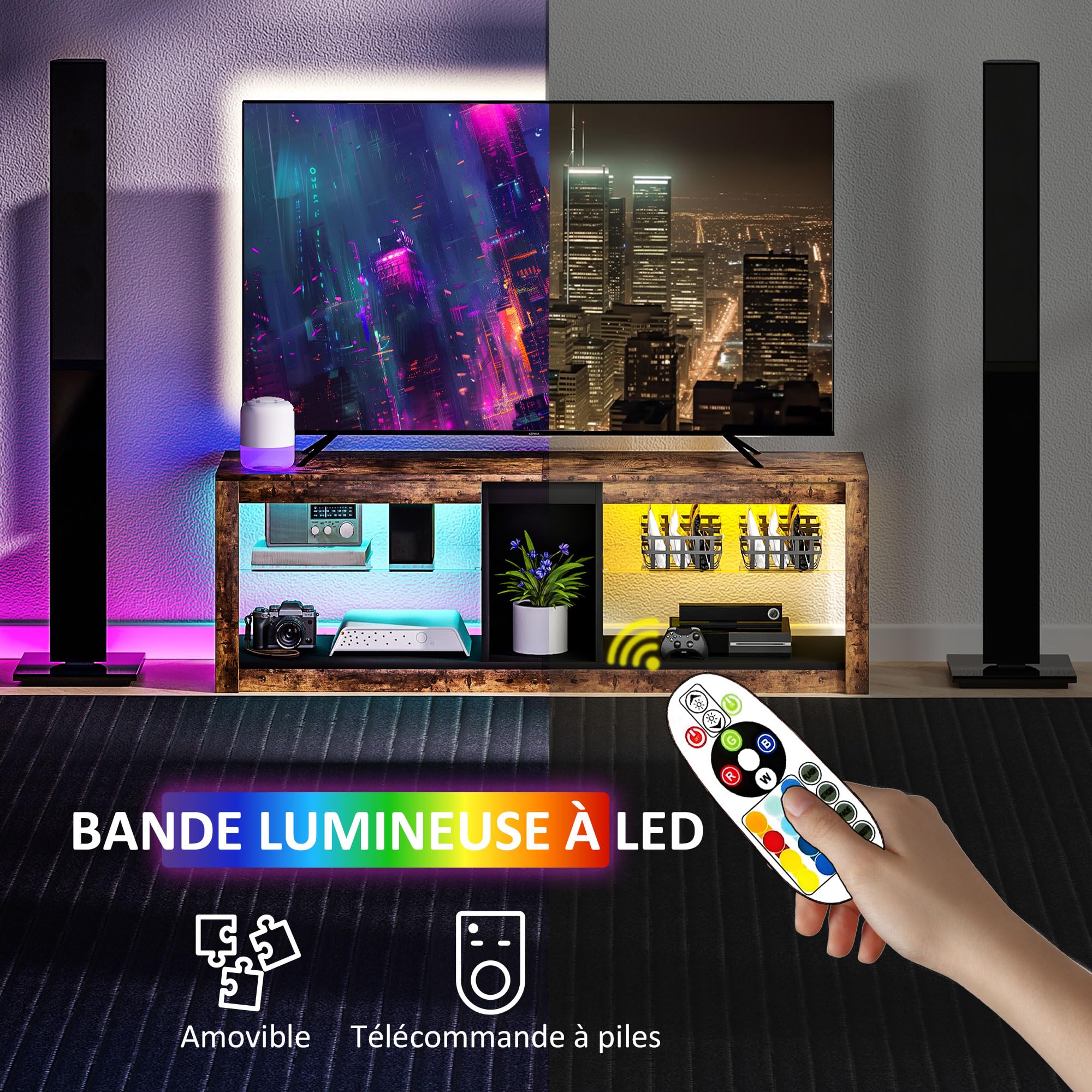 HOMCOM Meuble TV LED avec Télécommande pour TV 65 Pouces 140x35x47cm Marron | Meuble Télé Bois, Étagères, Compartiments Ouvert, Salon, Chambre à Coucher