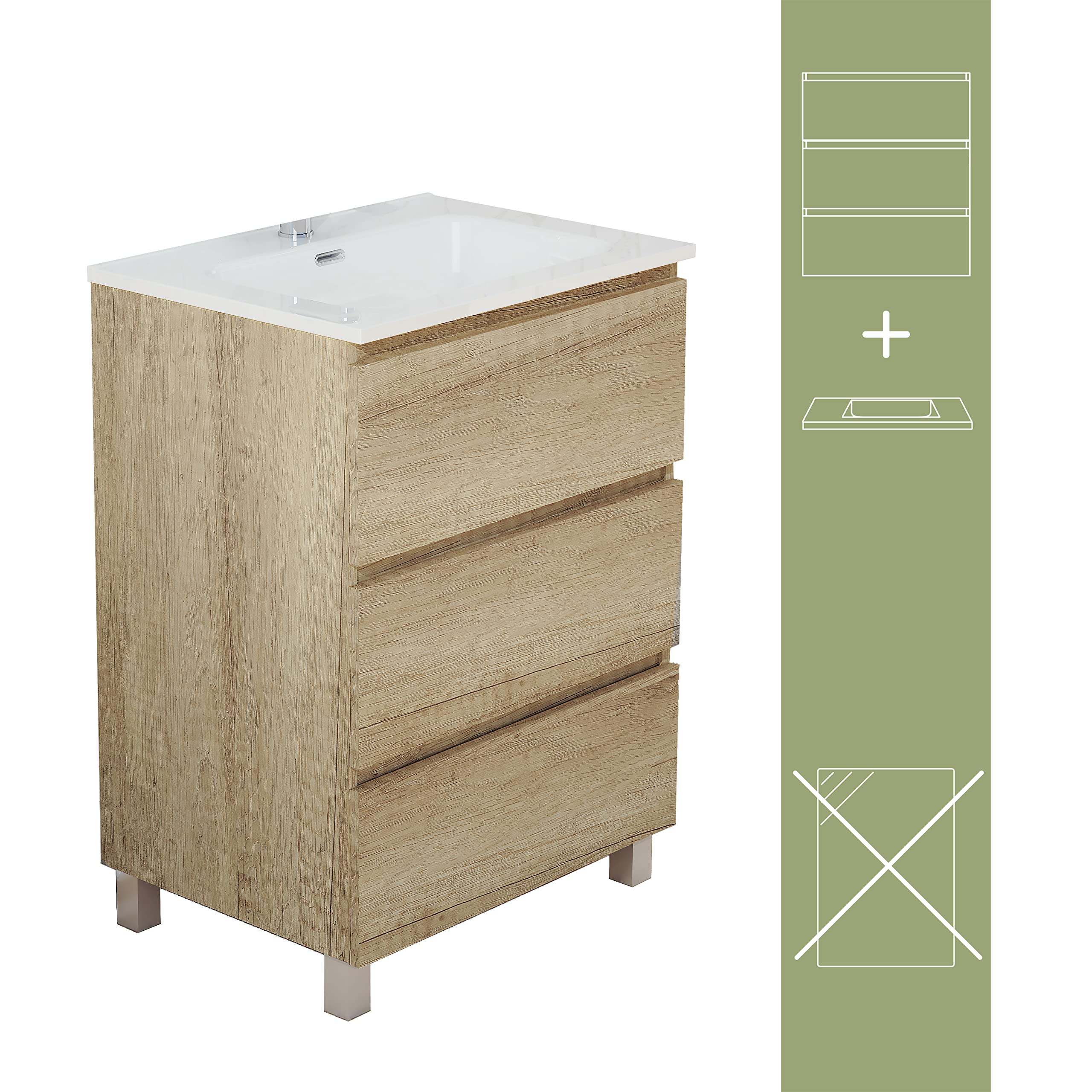 Baikal Mueble de Baño TRIX, Distribución de 3 cajones, con Patas y con Lavabo cerámico. Melamina 16mm. Distintas Medidas y Acabados Disponibles. Mueble MONTADO