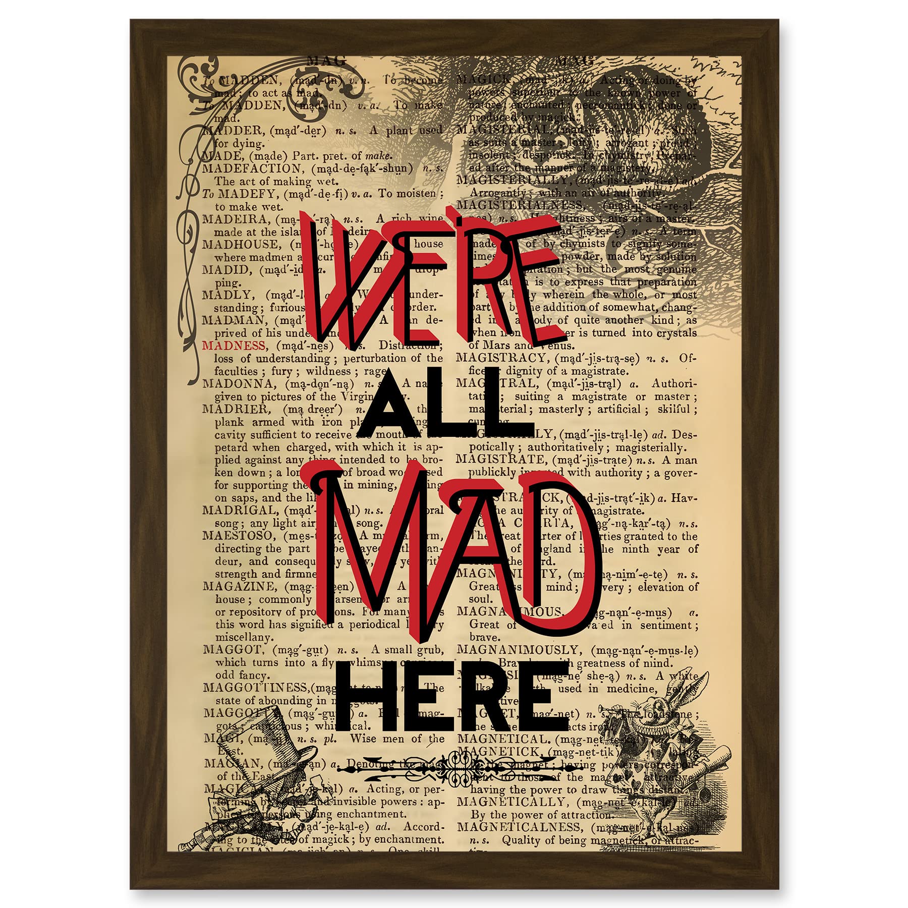 Artery8 Upcycle We're All Mad Here Quote Alice Wonderland Cheshire A4 Artwork Framed Wall Art Print