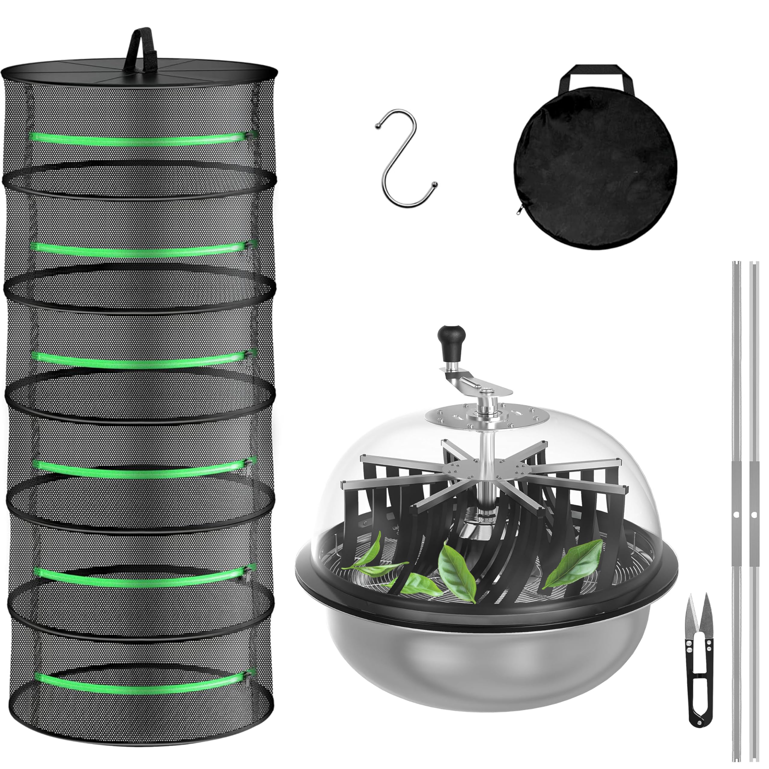 YSSOA 19 inch Bud Leaf Bowl Trimmer, Sharp Stainless Steel Blades and Twisted Spin Cut for Hydroponic Plant, 6-Layer Foldable Drying Rack and Hand Pruner Included