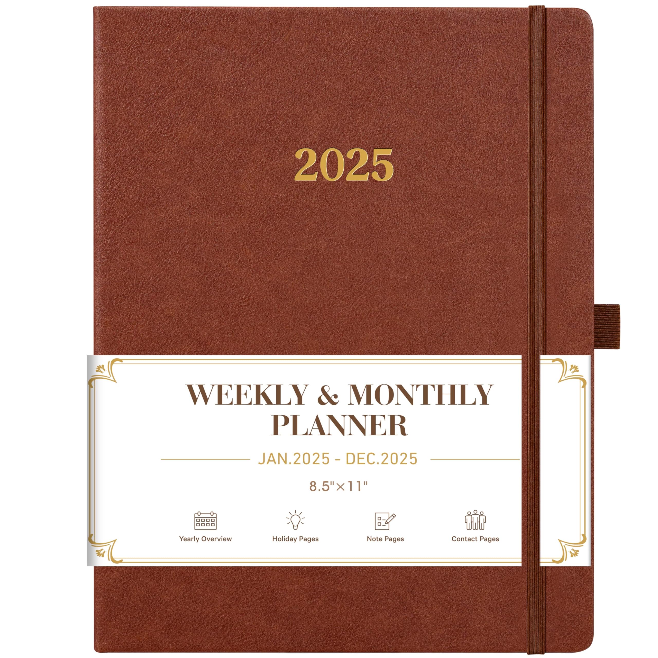 Vondafe 2026 Planner - Weekly and Monthly Planner 2026, Jan.2026 - Dec.2026, 9" x 11", 2026 Calendar Planner with Inner Pocket + Elastic Closure + Pen Loop + Bookmarks, Leather Hardcover - Brown