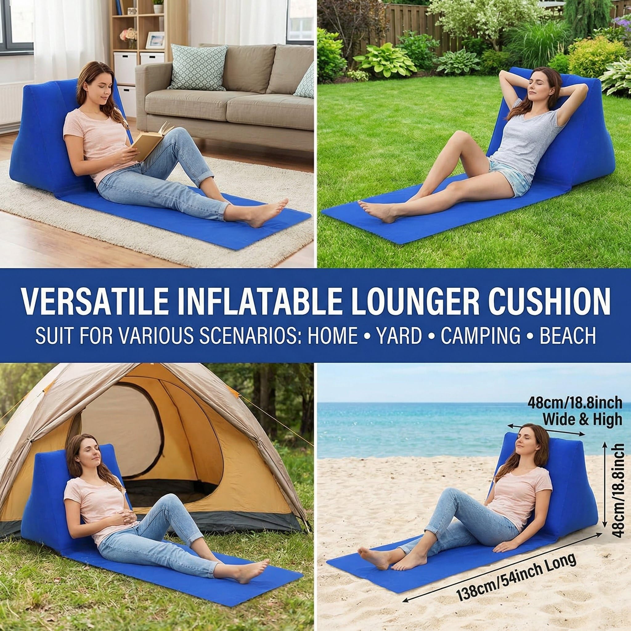 SOONHUA Cuscino gonfiabile per la schiena, portatile, reclinabile, a forma di cuneo, tappetino da spiaggia, pieghevole, impermeabile, per campeggio all'aperto (blu scuro)