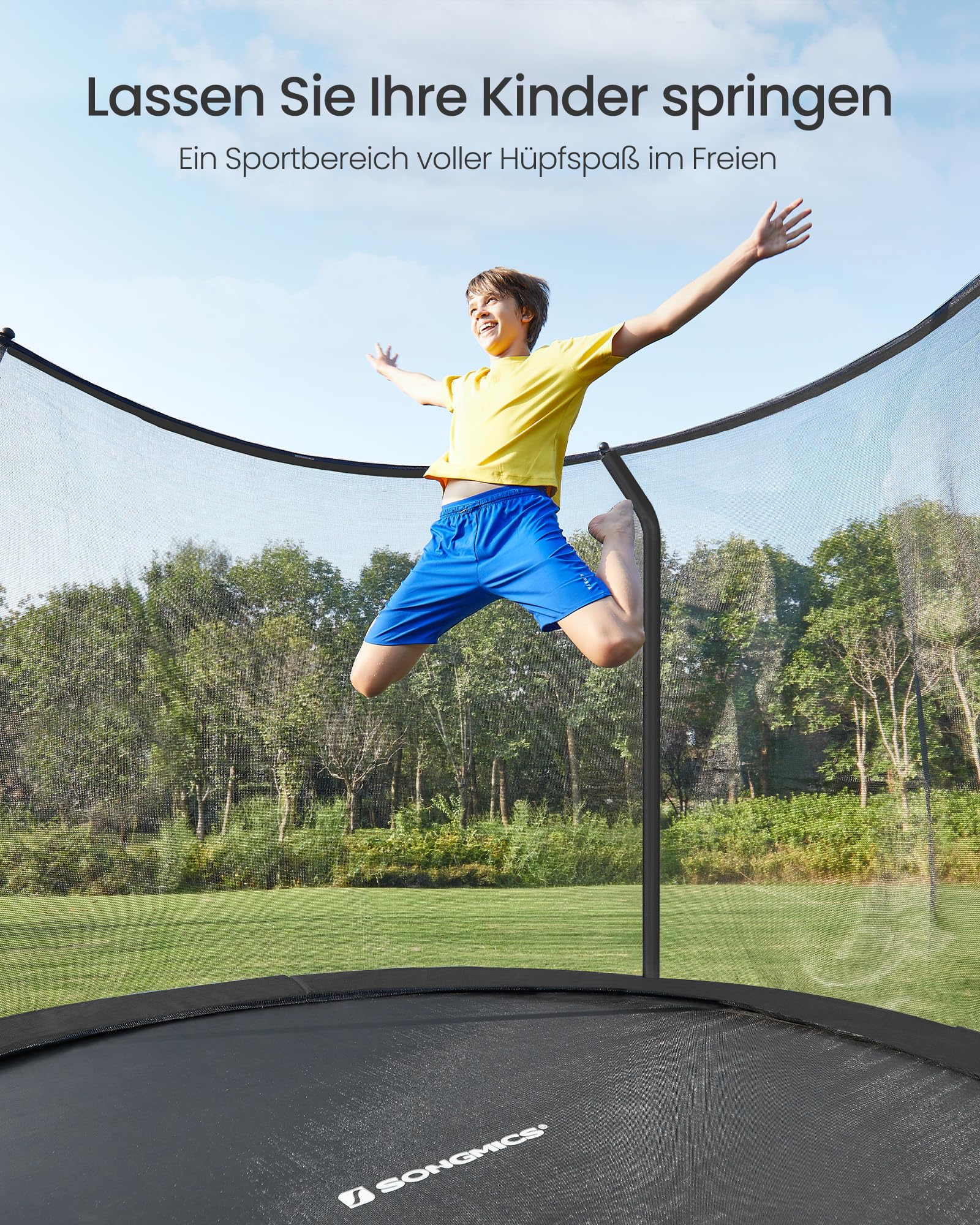 SONGMICS Trampolin Outdoor Kindertrampolin Ø 244/305/366/427 cm, rundes Gartentrampolin Sicherheitsnetz und Leiter, Randabdeckung, gepolstertes Gestell