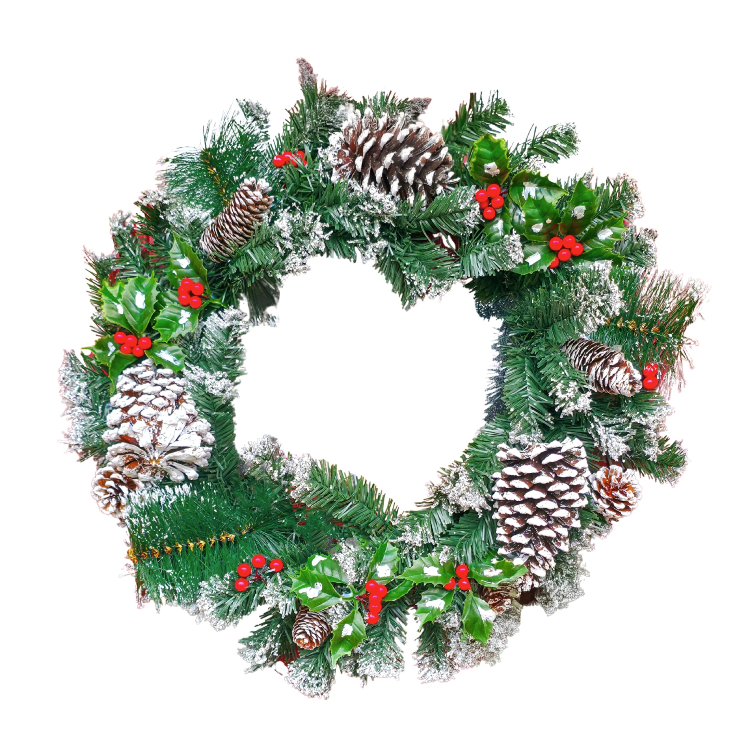 HomeZone® Festive Couronne de Noël décorée de neige avec baies et pommes de pin 50 cm