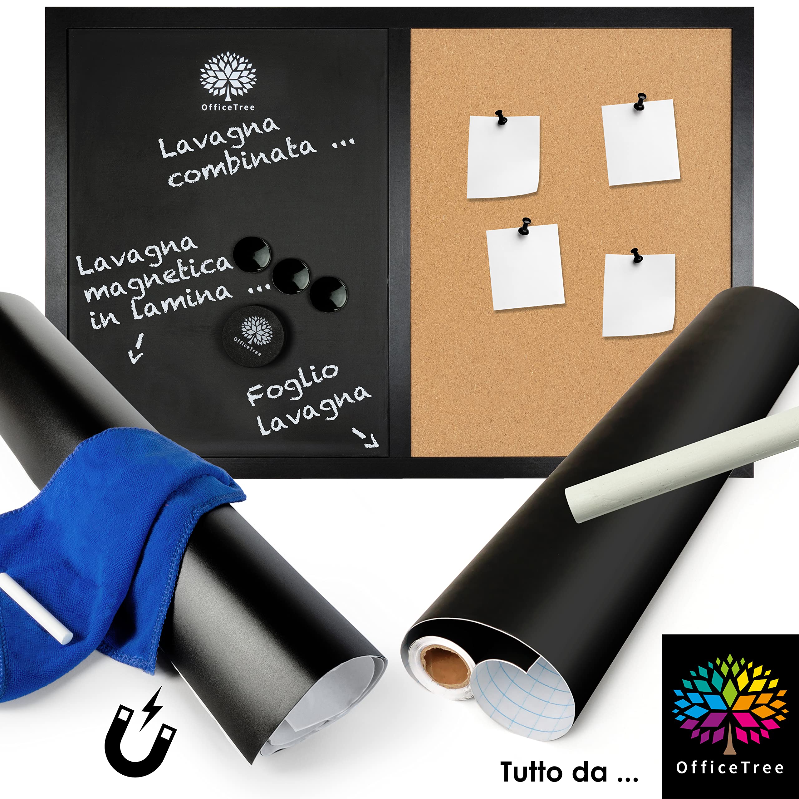 OfficeTree 60x40cm Lavagna magnetica da parete 2in1 Bacheca magnetica con lavagna sughero - Memo board con magneti, gesso e spugna