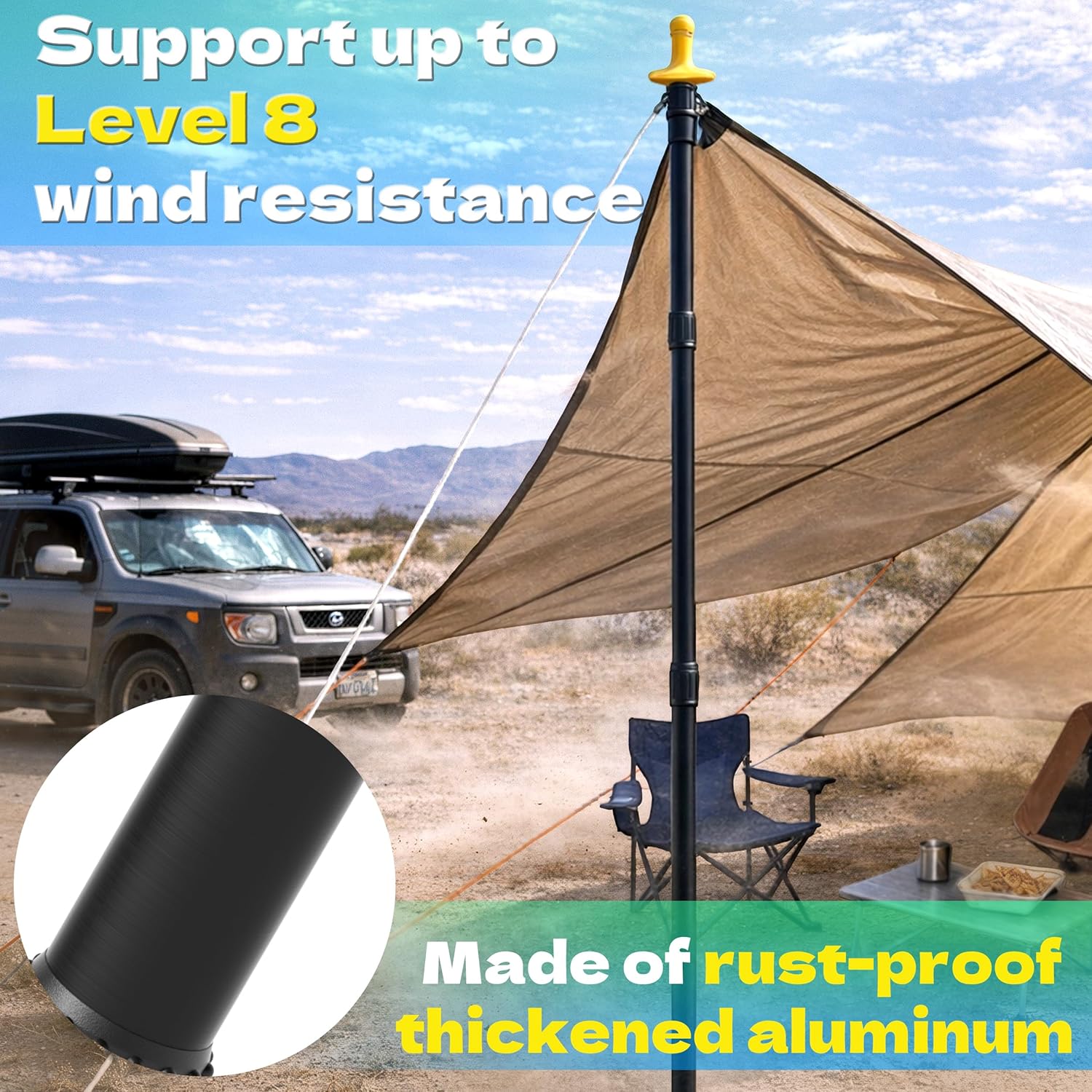 KJE 4 Pack Adjustable Heavy-Duty Tarp Poles, Camping Tent Poles Set with Ground Stakes & Guylines & Yellow Protection Caps, Aluminum Telescoping Pole(2.9ft to 8.7ft) for Outdoor Tarp Use