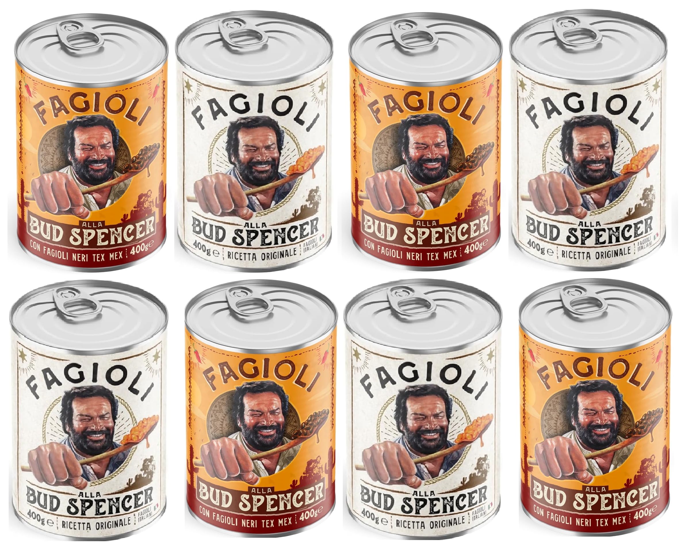 Selezione Fagioli BUD SPENCER 4 Confezioni Fagioli Neri Tex-Mex 4 Confezioni Fagioli Pinto Ricetta Originale confezioni da 400gr con esclusivo adesivo Zeus Party