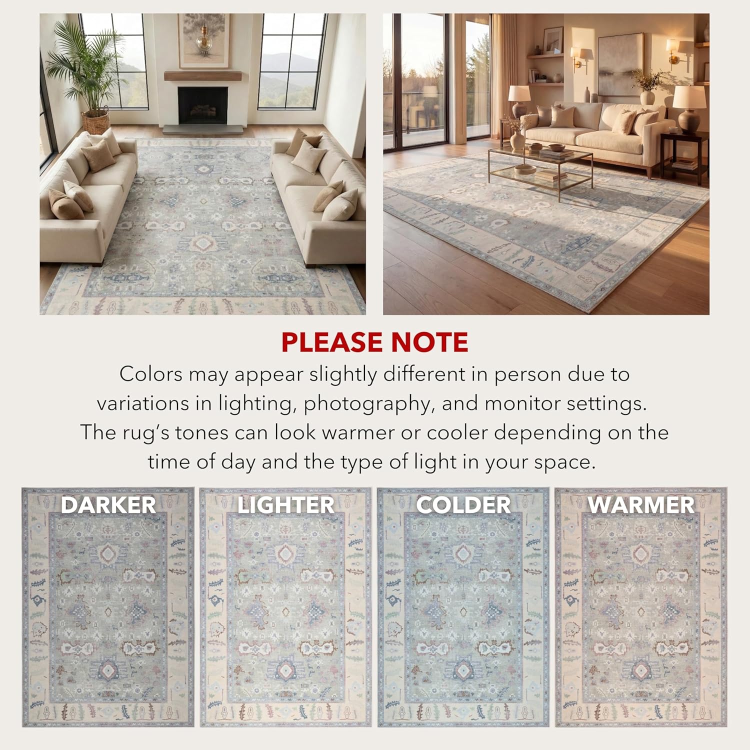 Kuden 8x10 Large Area Rug, Machine Washable Area Rug with Non-Slip Backing, Vintage Style, Soft, Easy Clean, Low Pile Rug for Living Room, Bedroom, Dining Room