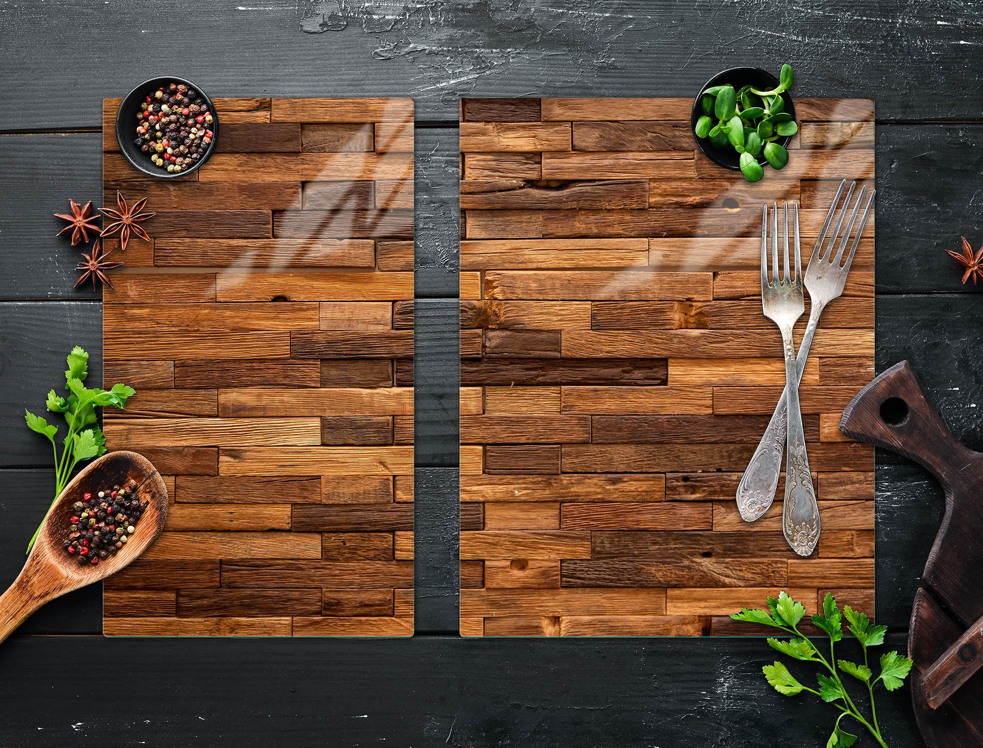 TMK ArtDeko Herdabdeckplatten Set 70 x 52 cm Ceranfeld Abdeckung Glas Spritzschutz Abdeckplatte Glasplatte Herd Ceranfeldabdeckung Deko Schneidebrett, Holz