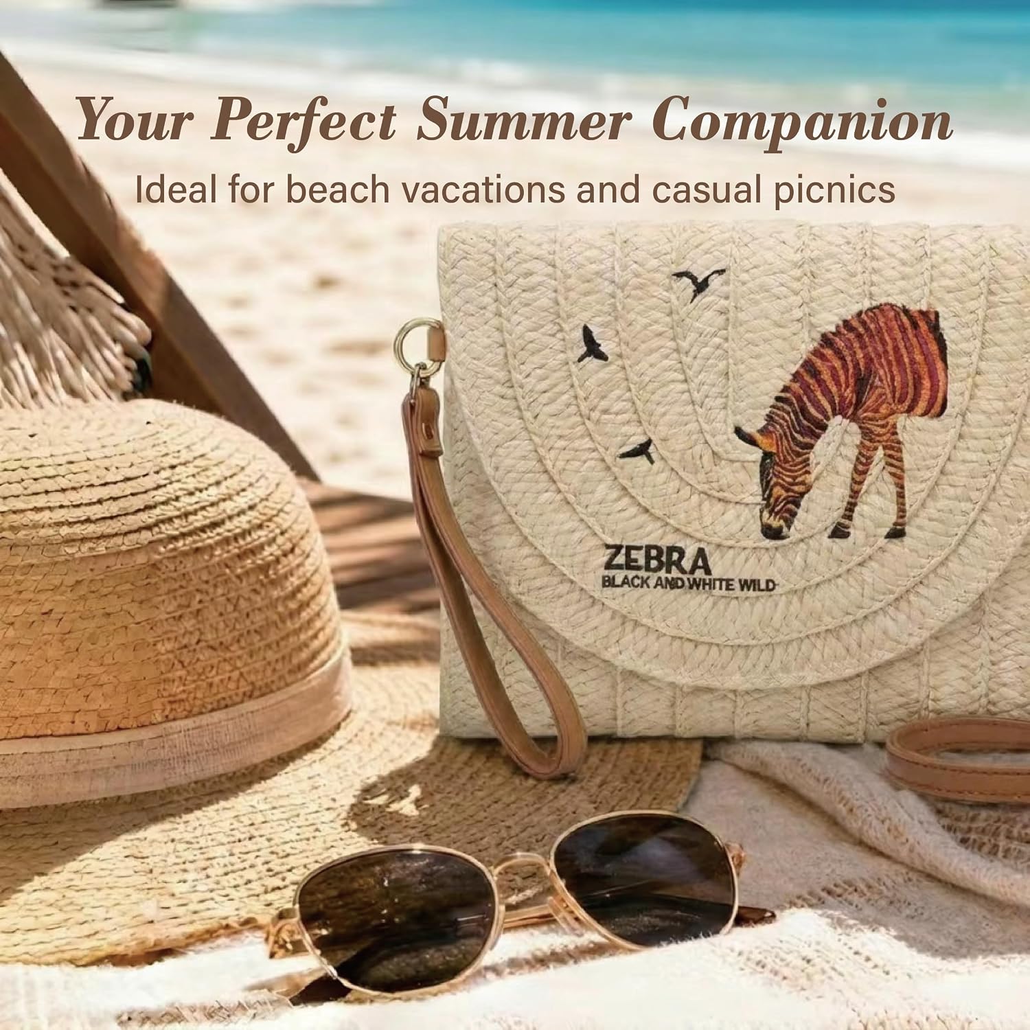 TERSCHELLING Straw Printed Clutch for Women - Woven Summer Beach Shoulder Purse Raffia Evening Bag Envelope Handbags