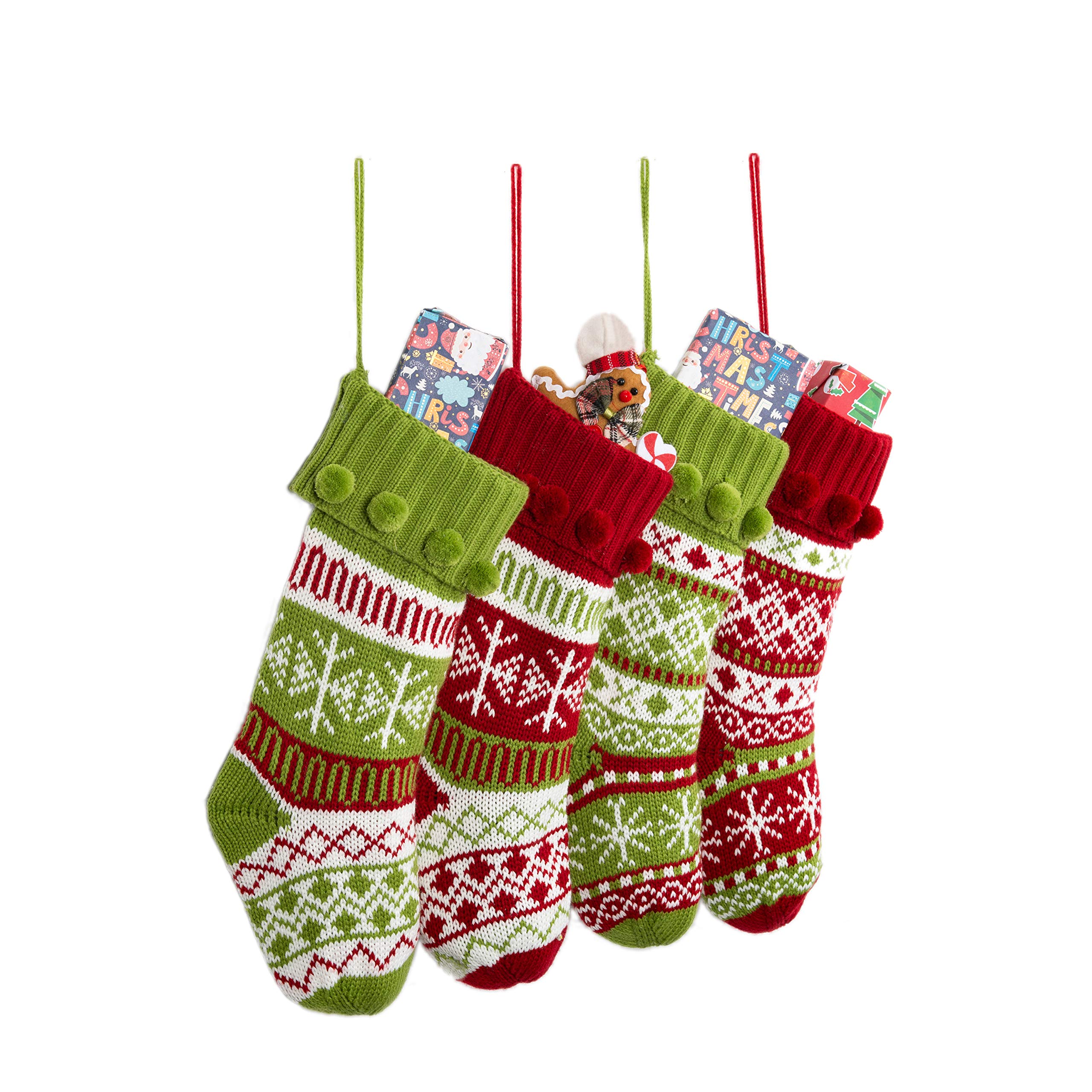 Mostop Knit Argyle Christmas Stockings 4 Pack, 17 Inch Large Rustic Red Green with Snowflake Personalized Stockings Fireplace for Xmas Family Holiday Party Decorations Season Decor