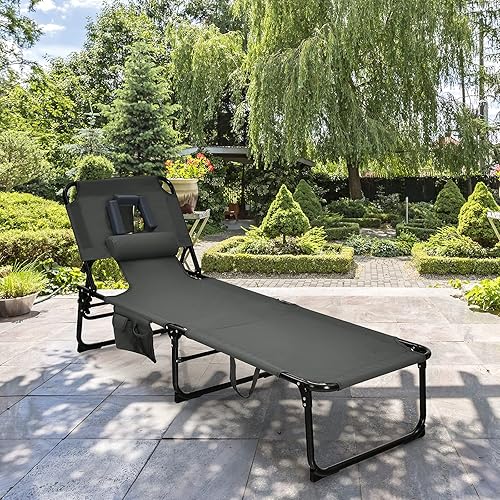 Miniatura 9 de COSTWAY Silla de playa plegable, silla de bronceado con orificio para la cara, respaldo ajustable de 5 posiciones, almohada y bolsillo lateral,