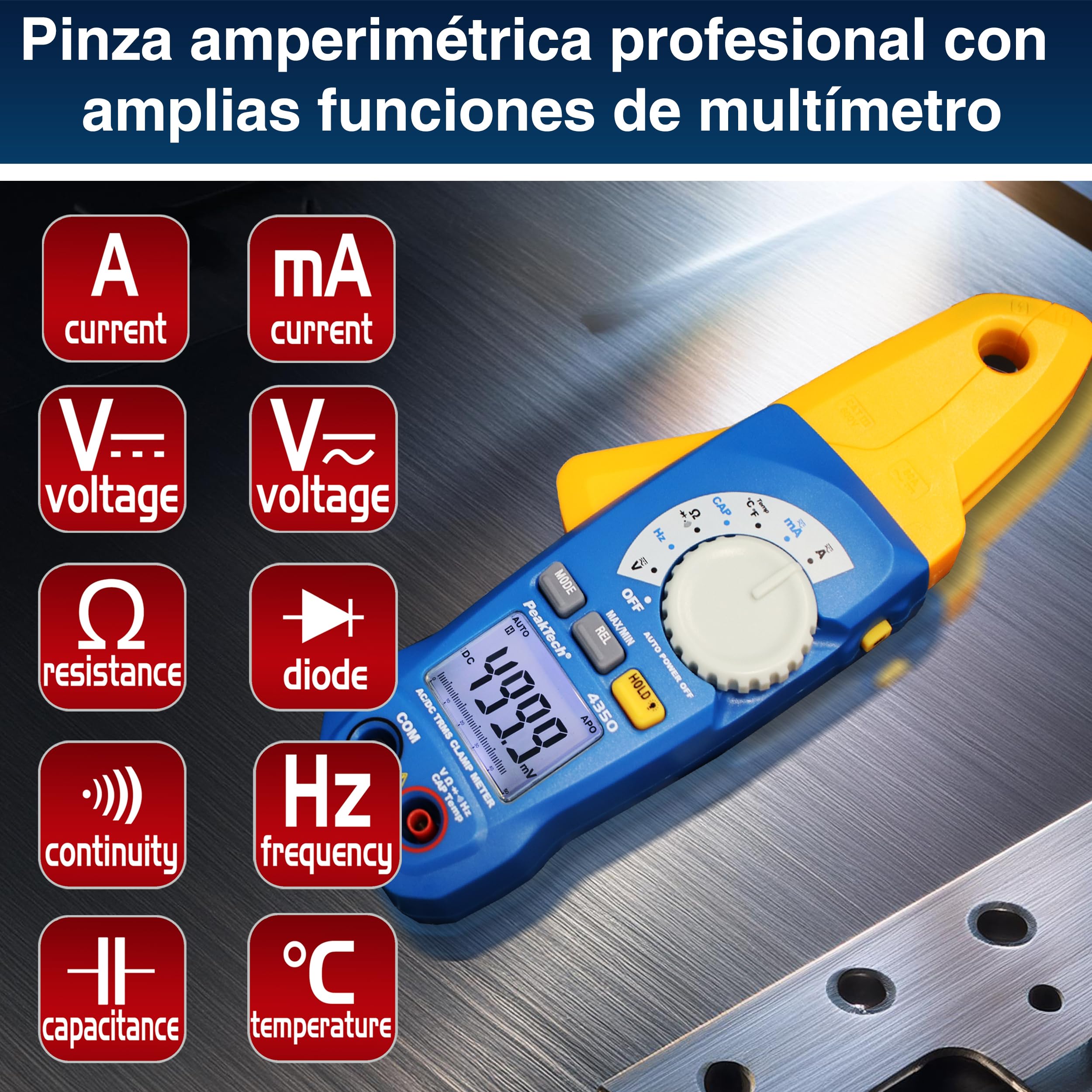 PeakTech 4350 – Pinza de corriente RMS 80A CA/CC, digital, amperimétrica, de corriente, rango automático, 4000 cuentas voltímetro sin contacto, probador de continuidad - Max 600V