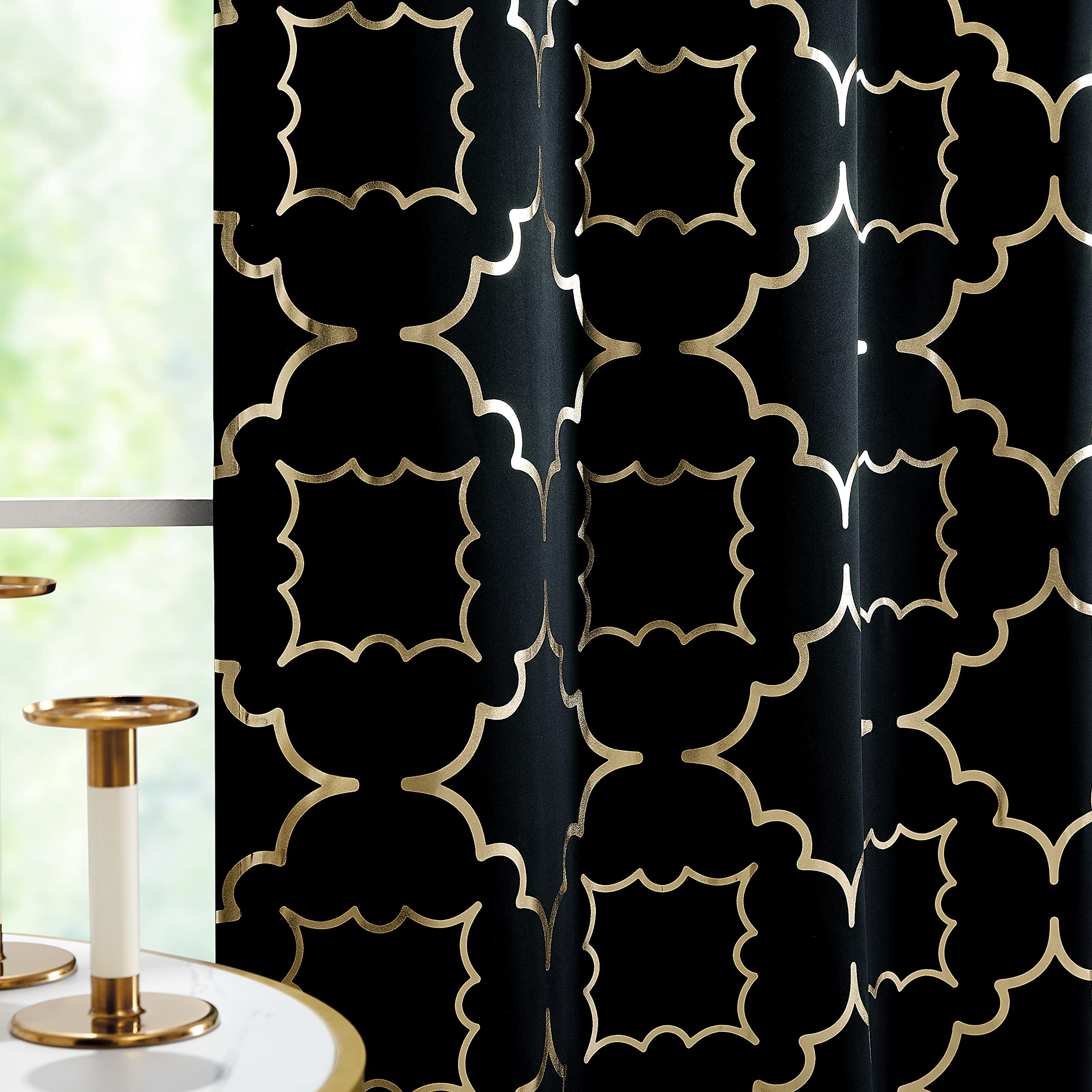 Purainbow Black Blackout Curtains for Bedroom Living Room with Gold Foil Print Panels Room Darkening Energy Saving Grommet 95% Blackout Drapes for