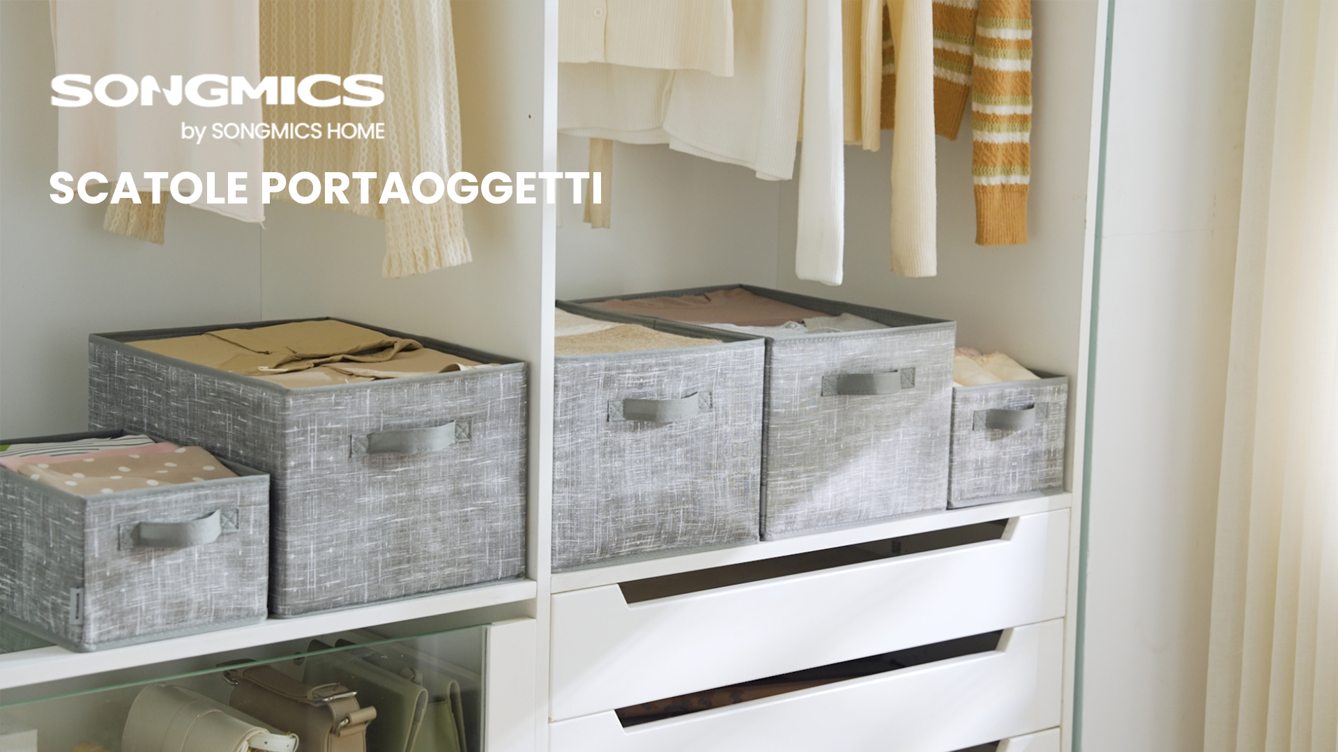 YheenLf 3 Pezzi Contenitori per Armadio Salvaspazio, Scatola con Coperchio Rimovibile, Organizzatore Cassetti con Maniglia, Scatole per Vestiti da Letto a Casa, Grigio, 33×23×14cm