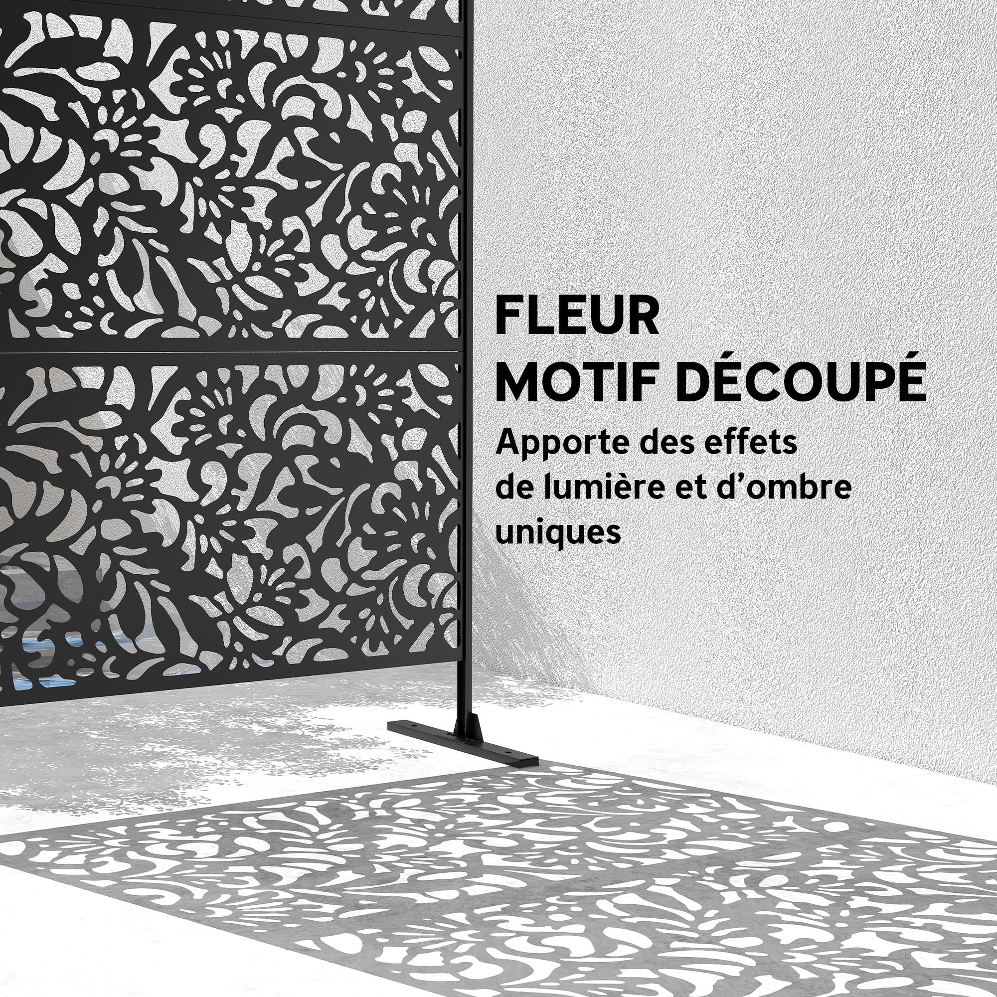 Outsunny Panneau Brise Vue décoratif Extérieur 122 x 45 x 198 cm Noir | Claustra Décoratif Jardin, 3 Panneaux à Motif Floral, Paravent Extérieur, Support en Acier Galvanisé