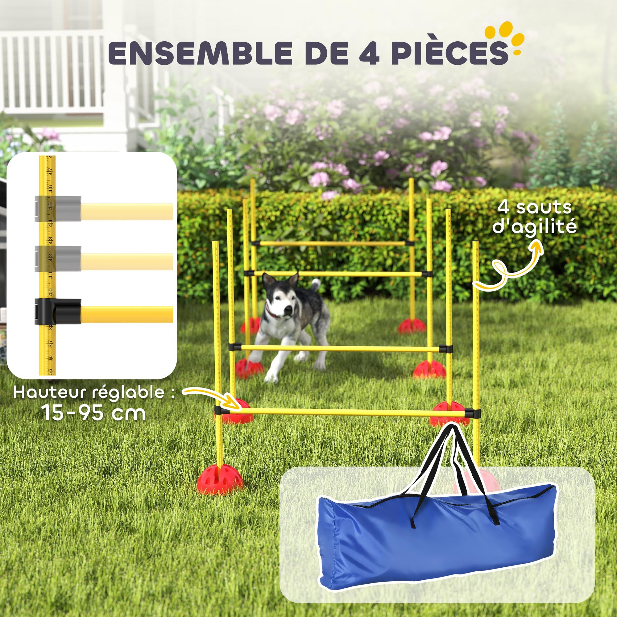 PawHut Kit d'équipement d'agilité pour Chien, kit d'agilité pour Chien avec 4 Haies de Saut réglables en Hauteur, Sac de Transport, Assemblage Facile, Agility à Chien Portable, Jaune et Orange