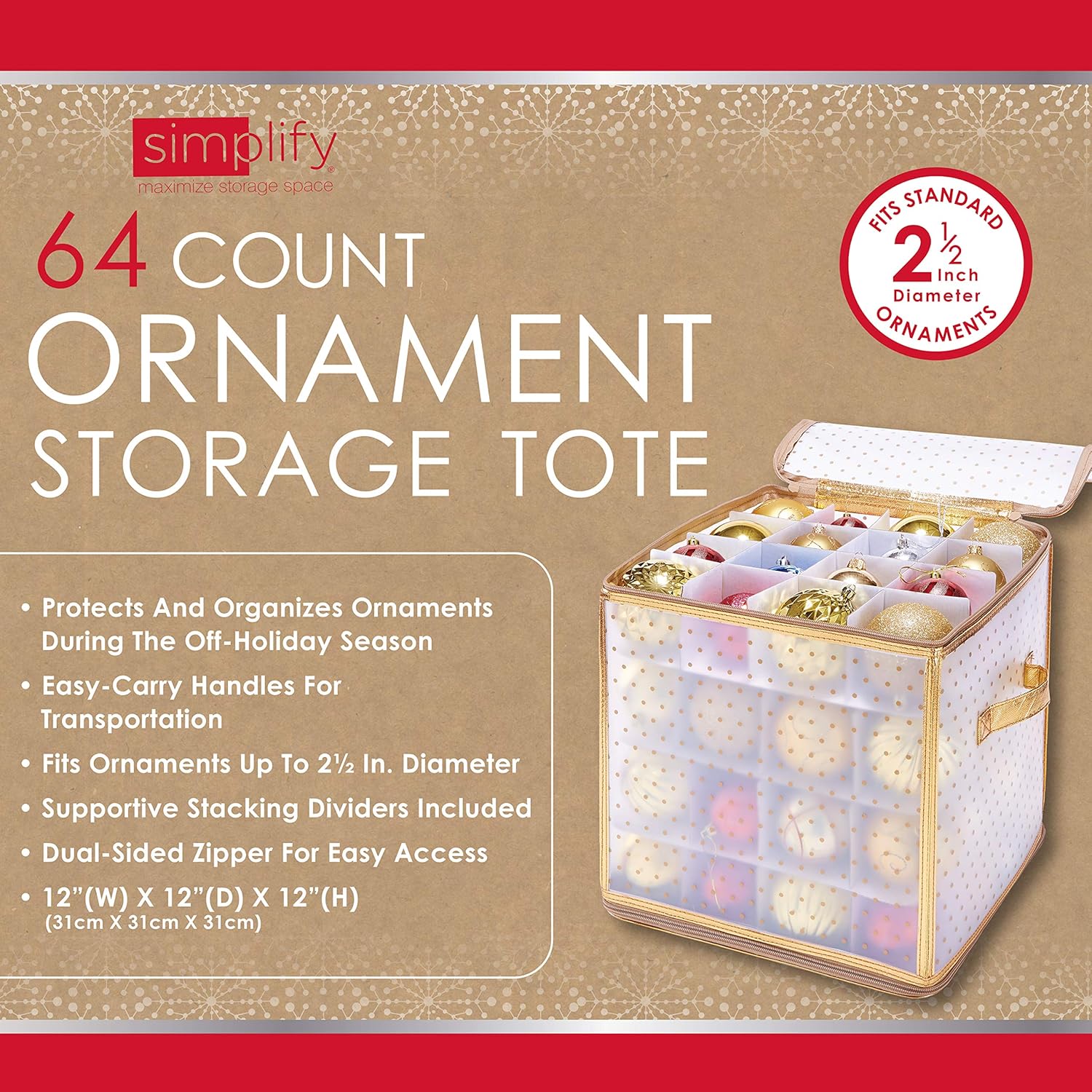 Simplify 64 Count Ornament Storage Box | Plastic | Decorative Organizer | Storage Bin | Gold | L12 x W12 x H12 (Pack of 2)