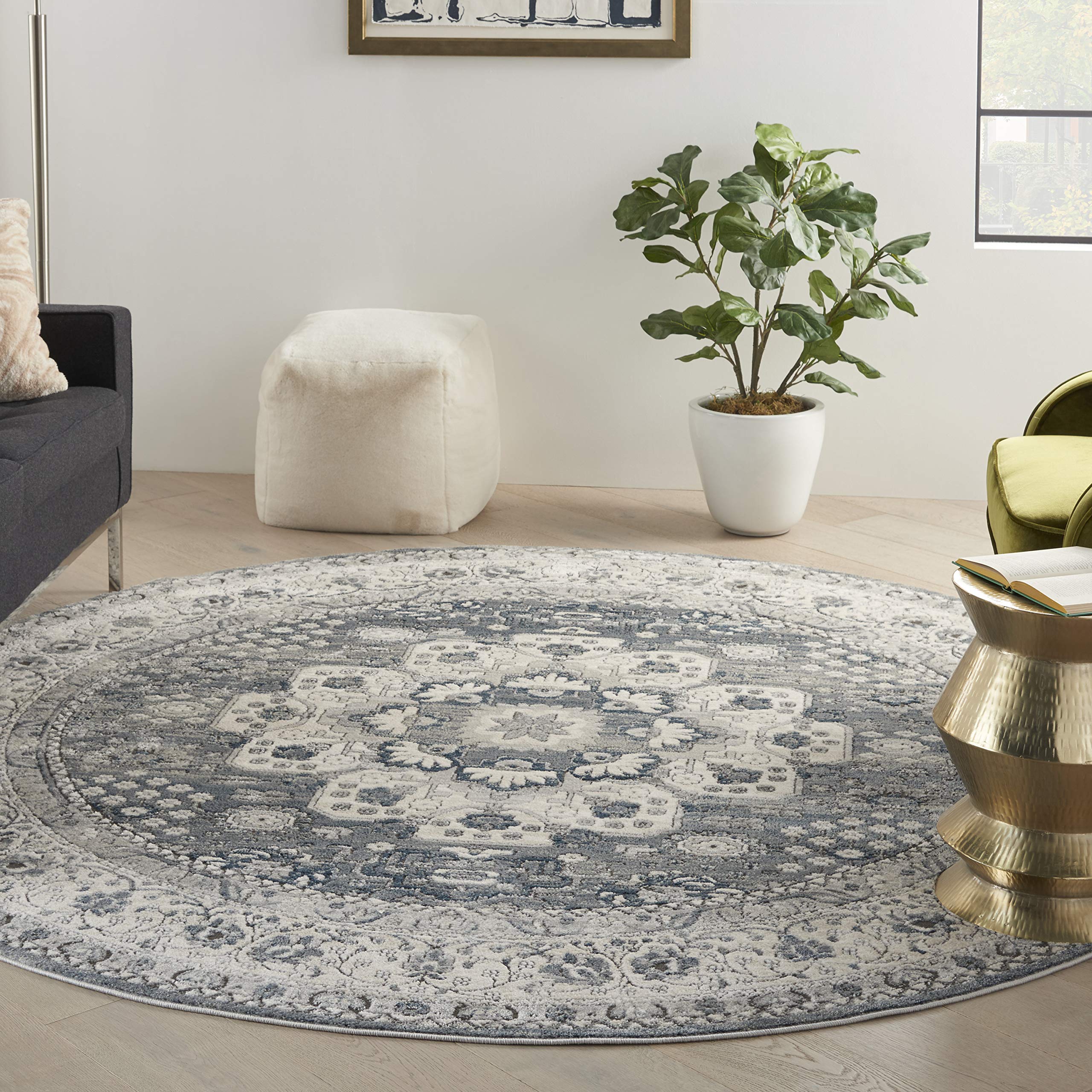 Nourison Home Concerto Grey Ivory 7’10” x Round Area Rug - Easy Clean, Non Shedding, Bed Room, Living Room, Dining Room, Kitchen (8' x Round)