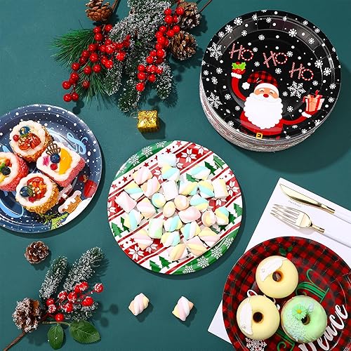 Miniatura 5 de Sunnyray Paquete de 100 platos de papel de Navidad de 9 pulgadas, platos desechables a cuadros para cenas para suministros de fiesta de Navidad
