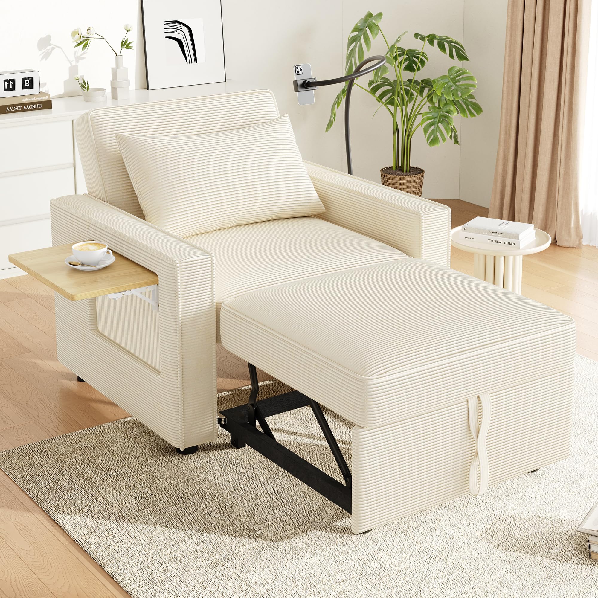 Idemon Divano letto pieghevole multifunzione con porta di ricarica USB e supporto per cellulare, poltrona relax a 1 posto, trasformabile, salvaspazio per soggiorno e camera da letto, tessuto in