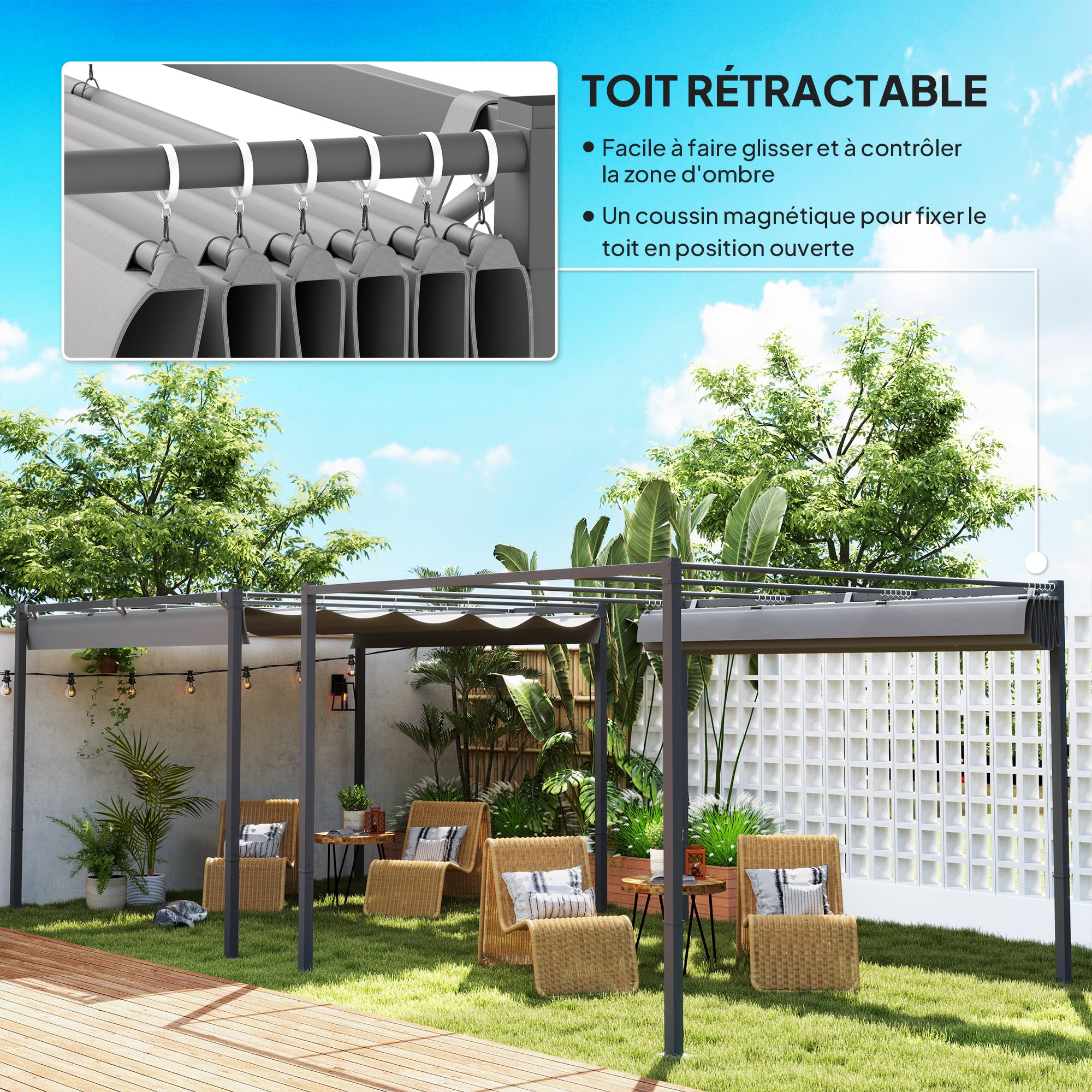 Outsunny Pergola Rétractable Coulissante 3 x 3 m, tonnelle de Jardin à Fixation magnétique Tissu Polyester Haute densité 180g/m² résistant aux UV, pour patios, Jardin, terrasse, arrière-Cours, Gris