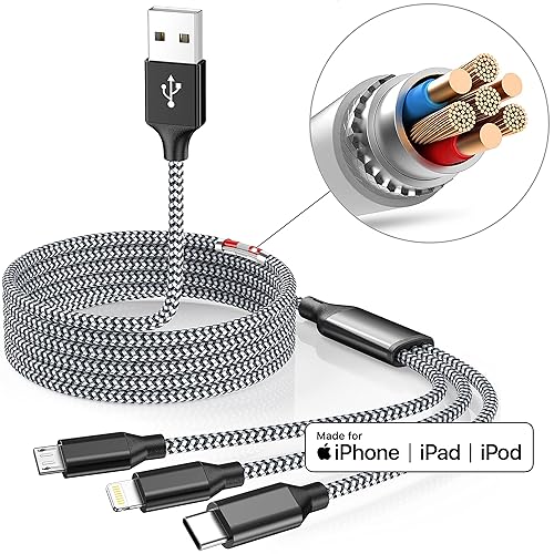 Miniatura 6 de Cable de carga múltiple de 4 pies, paquete de 3 cables de carga 3 en 1, múltiples cables de carga rápida de nailon trenzado, cable de carga USB,