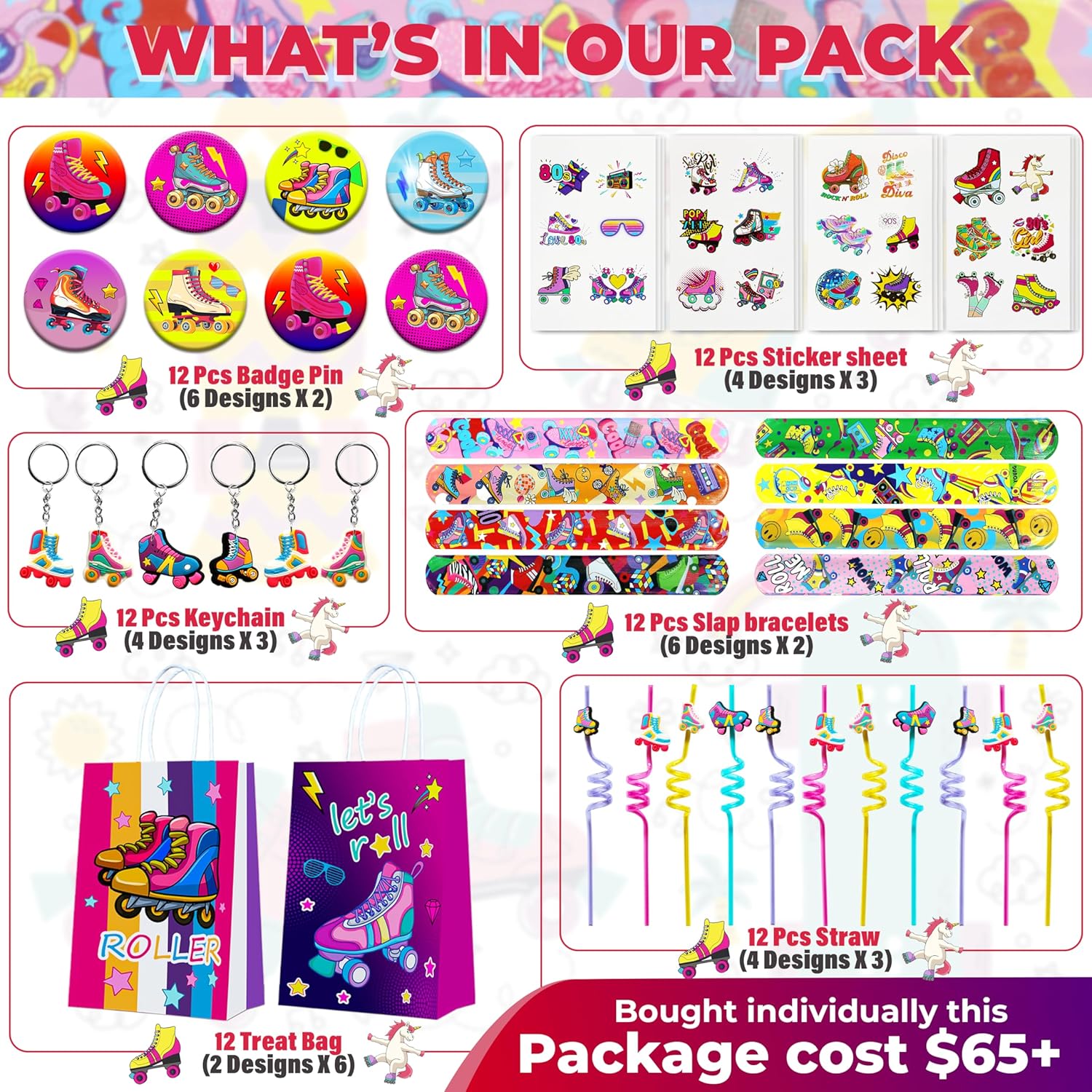72 Pcs Roller Skate Party Favors 12 Set of Treat Bag, Straw Slap Bracelets Stickers Key Chains Badge Pins for for Hip Hop Disco Throwback 80s 90s Themed Party Supply