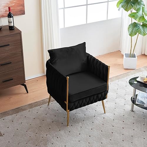 Miniatura 5 de LUMISOL Silla decorativa tejida de lujo hecha a mano con patas de metal dorado, cómoda silla individual mullida y esponjosa, moderna silla de