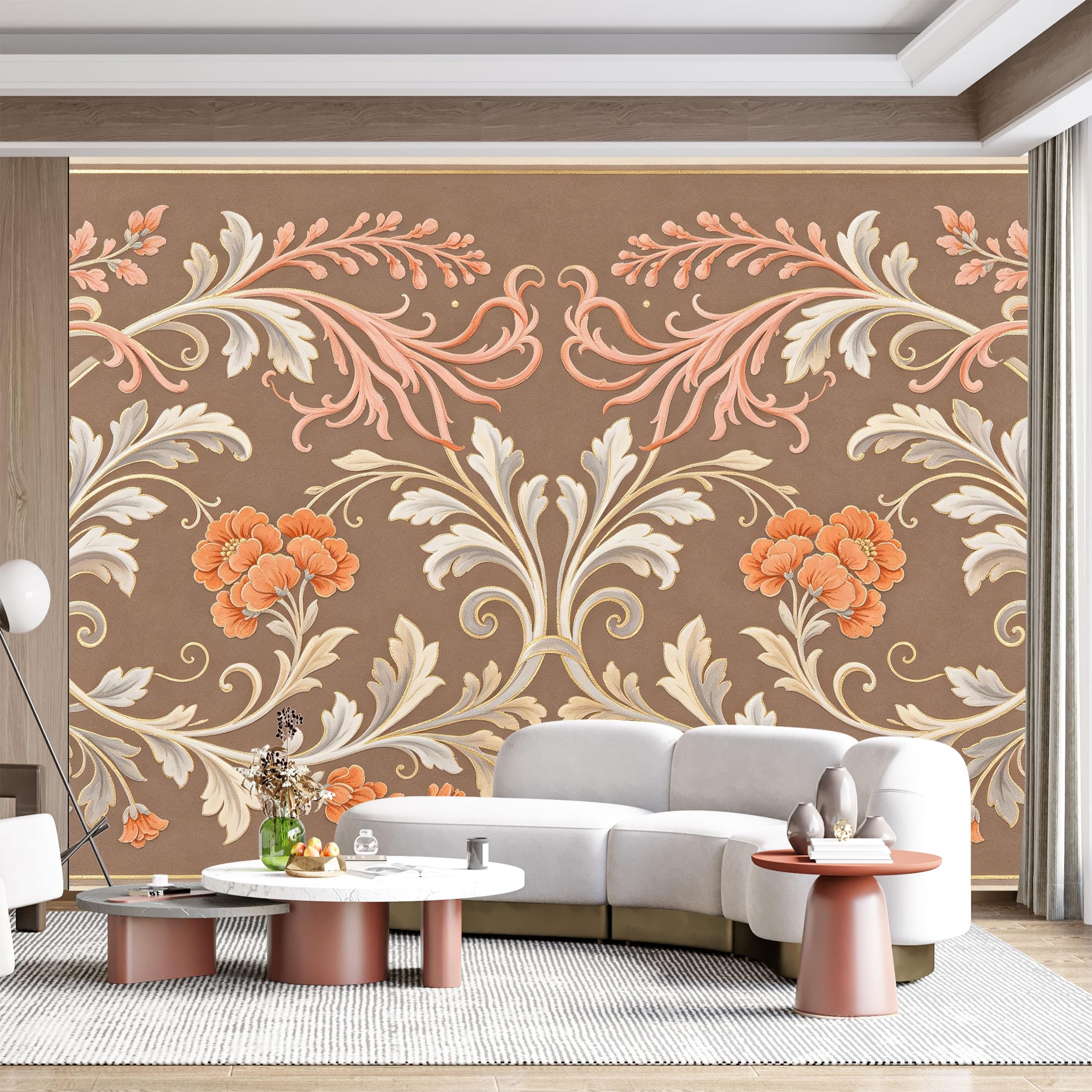 Custom Size Wall Mural Baroque Floral Ornament Peach and Gray Flourish Scroll Pattern SelfAdhesive Wall Fabric Removable for Home Office Decor