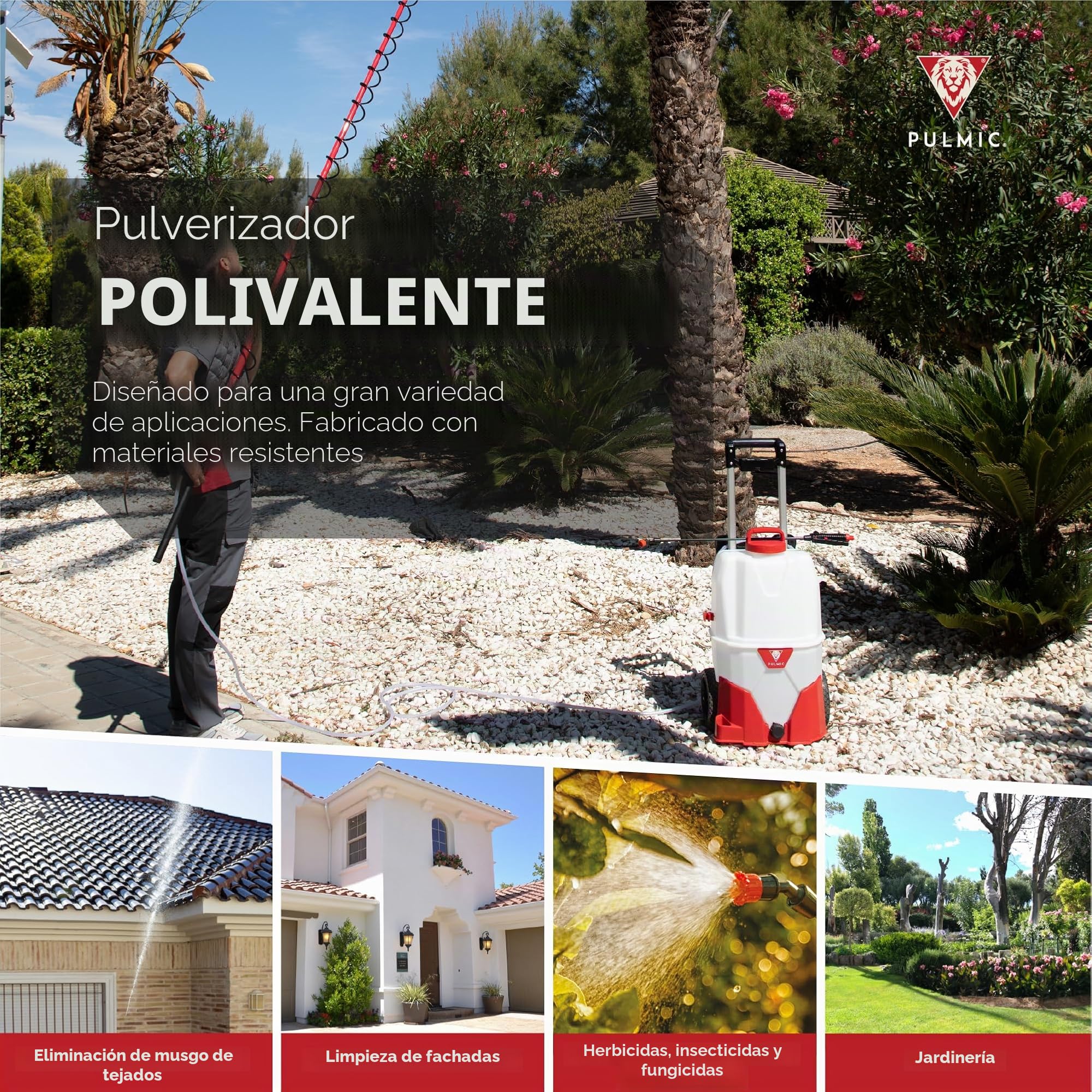 Pulmic Kit Premium Pulverizador eléctrico 35L + Lanza telescópica 5m, 4 Bar, Manguera 6m, autonomía 7h. para Limpieza de techos, Jardines, Aplicaciones en Altura, Palo ergonómico y Ultraligero