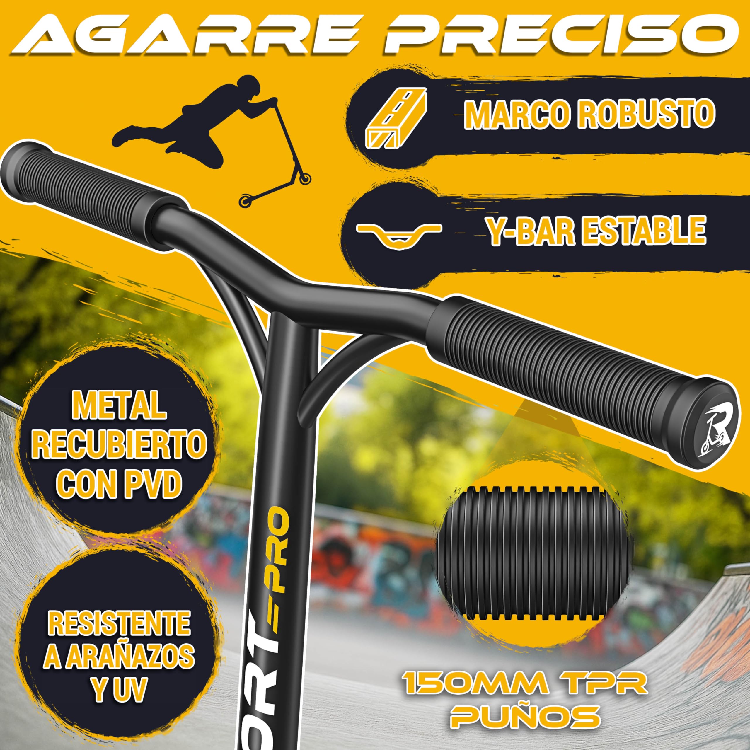 RE:SPORT Patinete de acrobacias Revo Pro para niños y adultos con soporte, patinete profesional de 110 mm, ruedas de poliuretano y barra en Y, patinete de acrobacias, patinete ABEC 9, rodamientos de