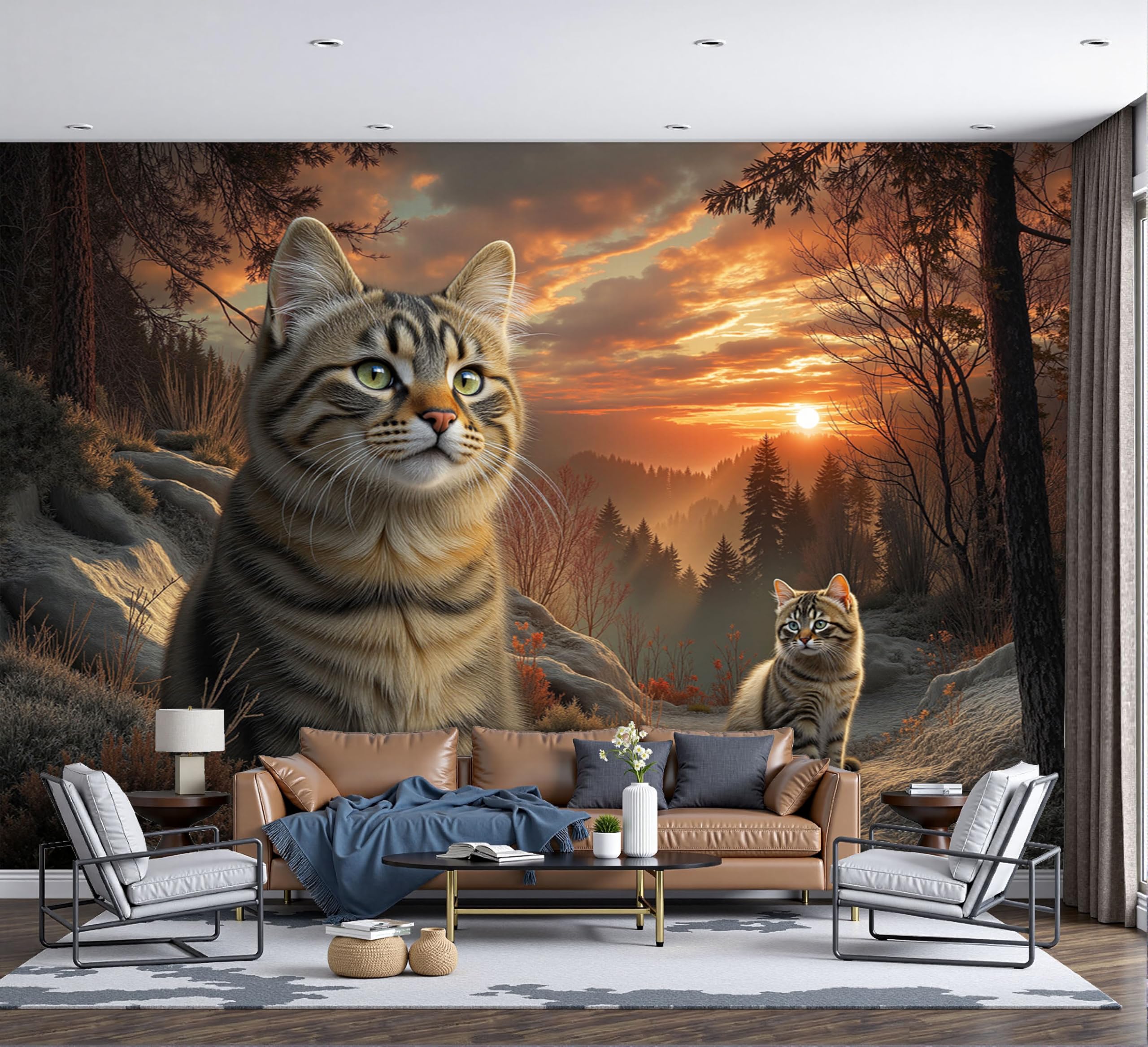 Fresque murale coucher de soleil orange pour une chambre d'enfant cosy