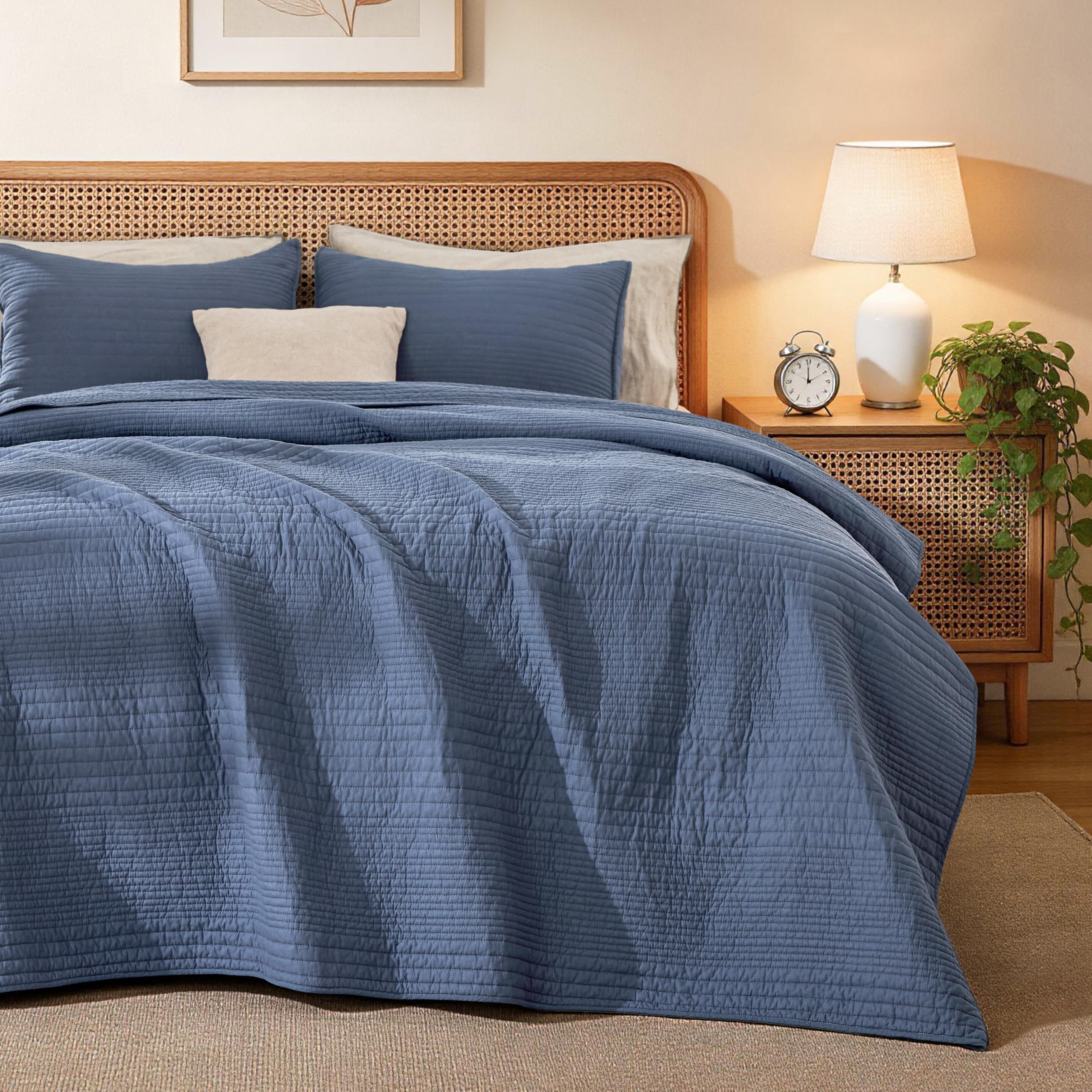 Photo 1 of Love's cabin Queen Size Cotton Quilt Set, 100% Cotton Fabric Striped Textured Coverlet with Crinkled Look, Lightweight Quilted Bedspread for All Season, Includes 2 Pillow Shams, Bluish Grey