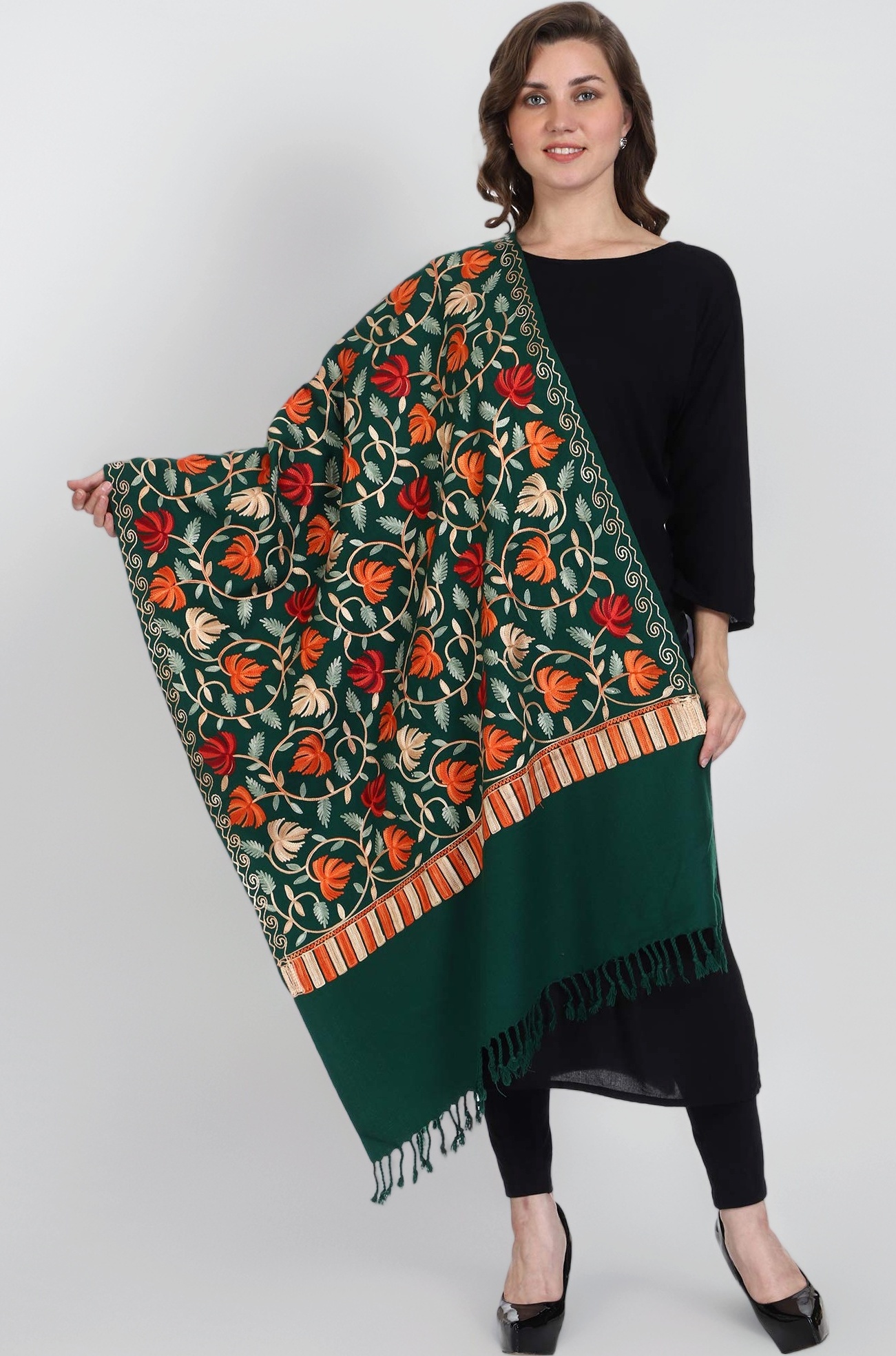 SWI WITH LABEL Women's Kashmiri Aari Embroidered Wool Stole