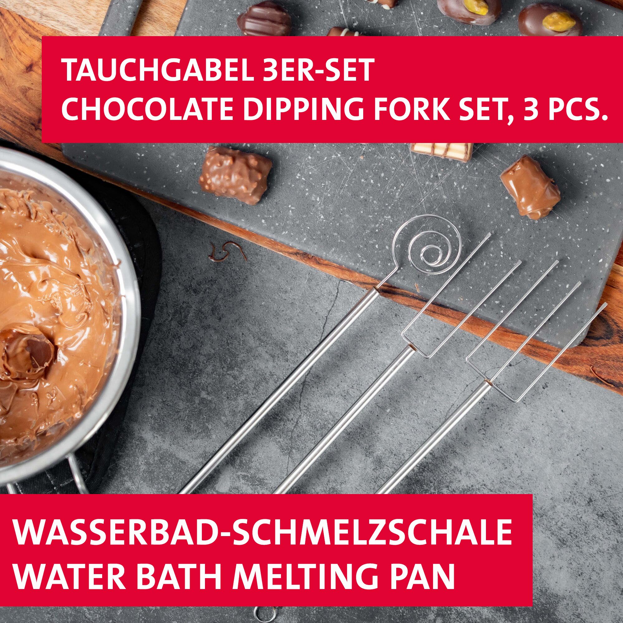 Westmark Set di Ciotola per Magno Maria e Forchette per Immersione in Cioccolato (3 Pezzi) – Ciotola con beccucci bilaterali pe versare – Forchetta per immersione e decorazione – Acciaio inox
