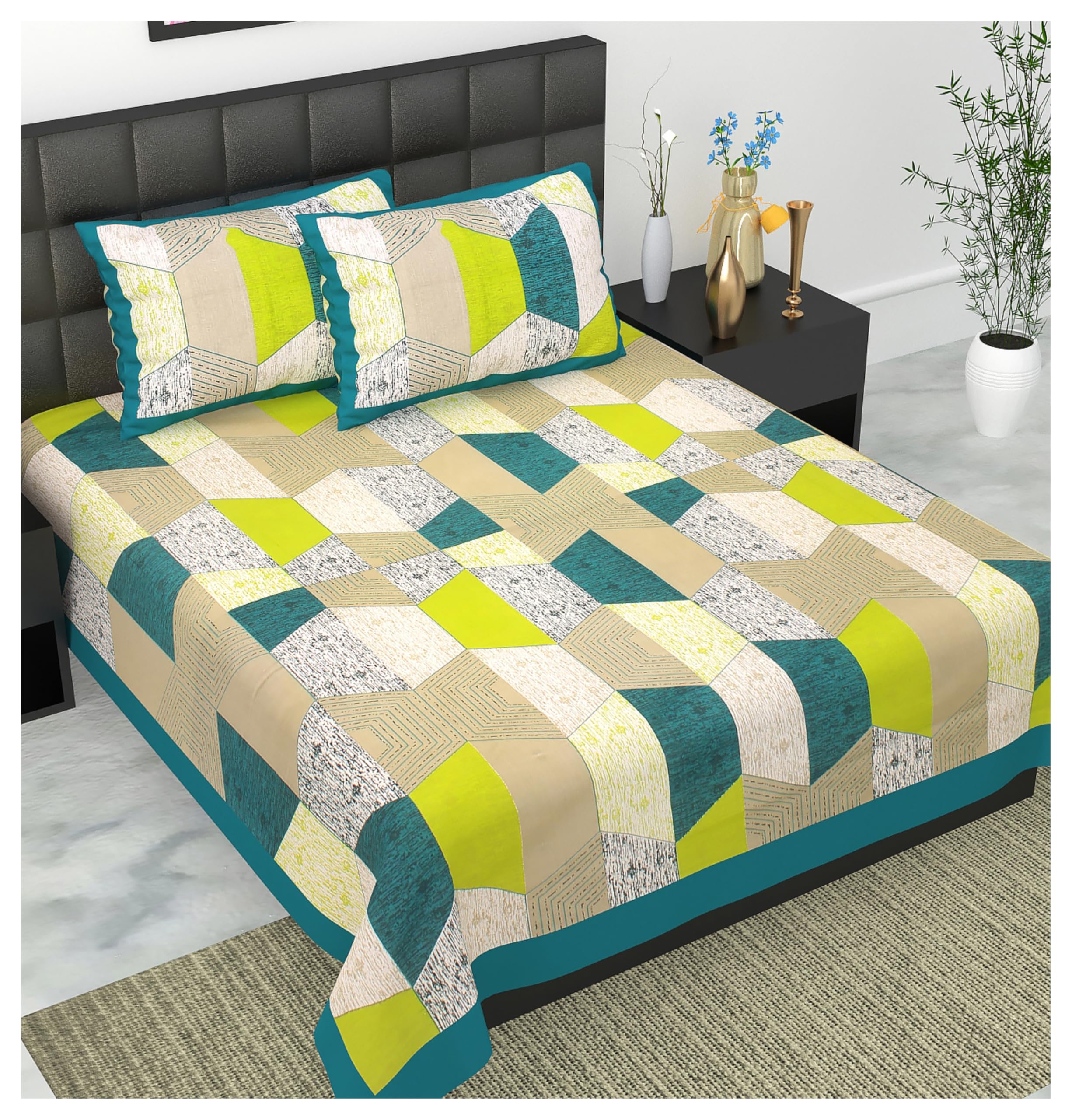 100% Geometric Patchwork Quilt Set with 2 Pillow Covers, Teal Green Yellow Beige, Reversible Bedspread