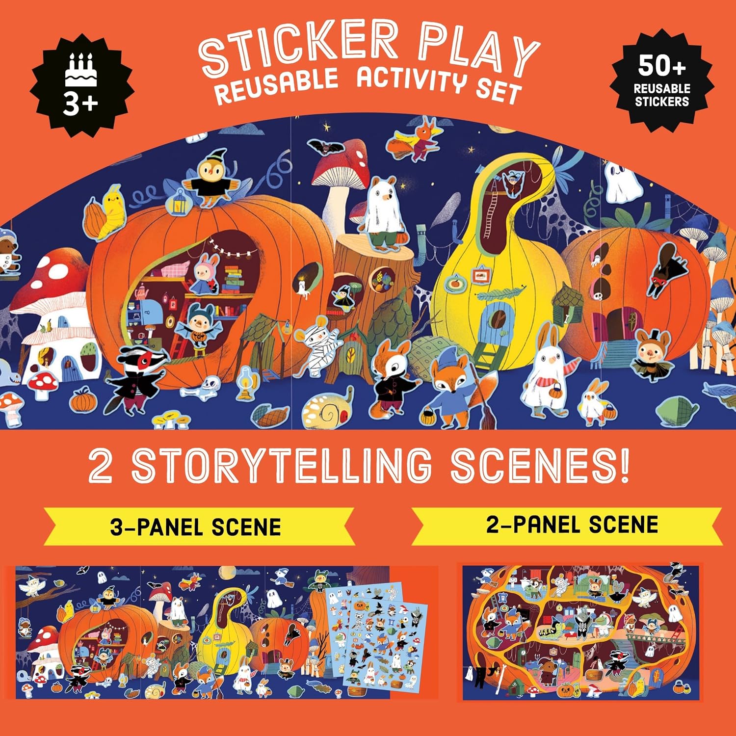 Mudpuppy - Pumpkin Village Sticker Play Reusable Activity Kit for Kids | Ages 3+, 50+ Stickers, Rubber Stickers, Halloween Themed, Travel Friendly, Family Fun, Screen-Free Play, FSC Certified