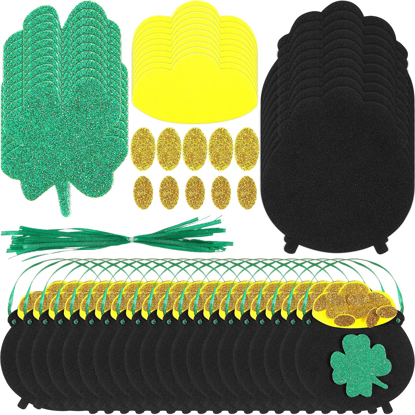 Chinco St. Patrick's Day Crafts Kit Gold Pot Craft Bulk Shamrock Gold Coins Leprechaun Hat Pot of Gold DIY Ornament Gift for Irish Saint Patrick Decorations Classroom Game Activities(48 Pieces)