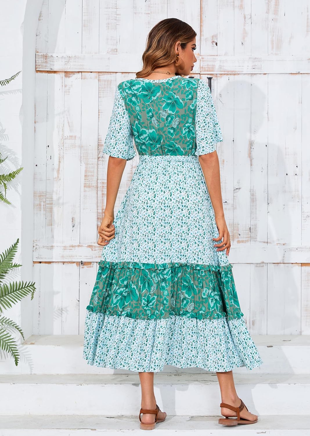 R.Vivimos Women's Short Sleeve V Neck Cotton Beach Floral Buttons Midi Dresses - Image 6