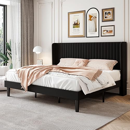 SHA CERLIN Base de cama de terciopelo tamaño King con cabecera capitoné de canal vertical, plataforma tapizada con listones de madera, no necesita