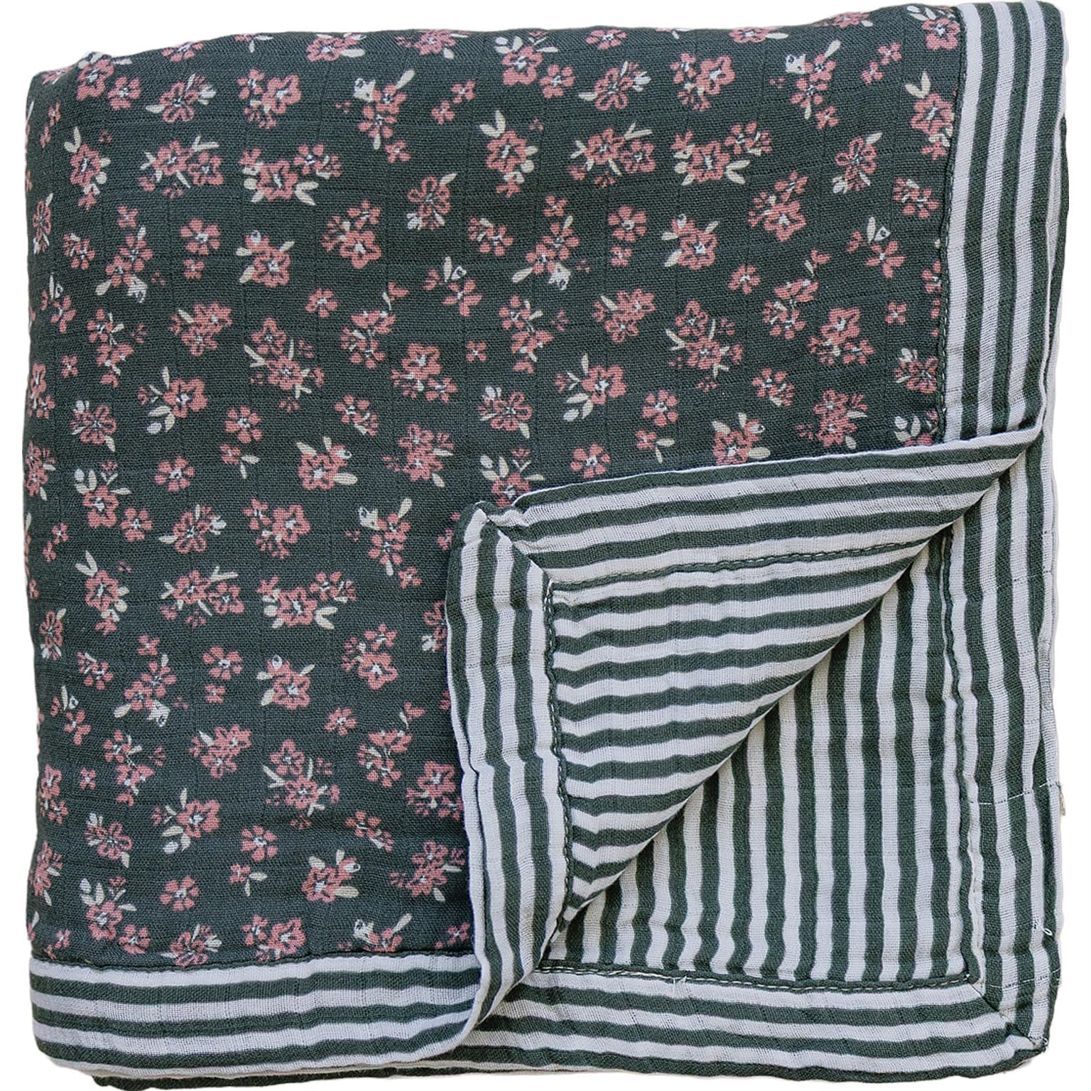 Mebie Baby Muslin Quilt, Olive Bloom Green Stripes, 100% Cotton Baby Blanket for Girls &amp; Boys, Newborns to Toddler, Soft Swaddle Blanket, 47"x47"