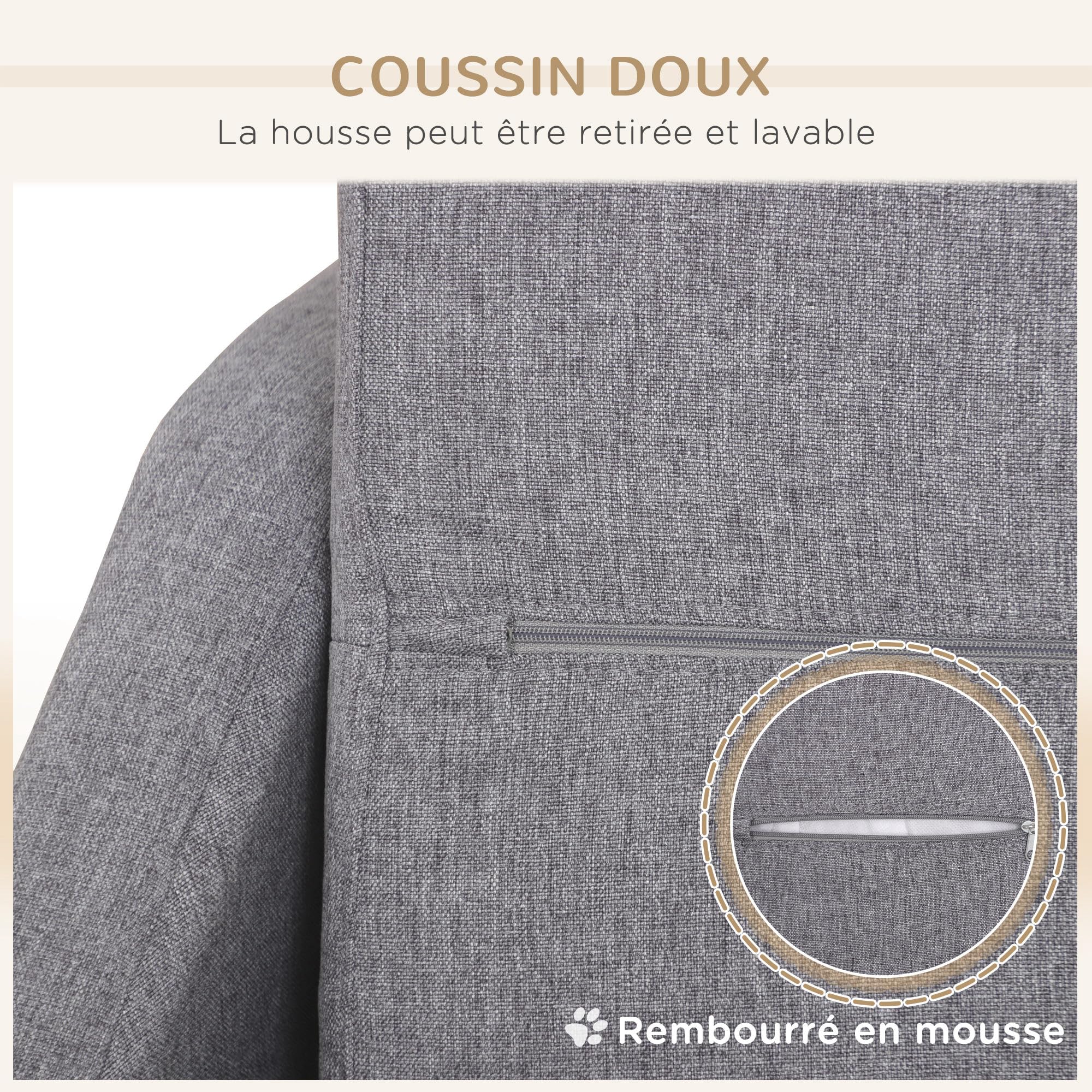 PawHut Canapé pour Chien lit pour Chien Animal Domestique Style scandinave Pieds en Bois revêtement Tissu déhoussable 75 x 55 x 39 cm - Gris