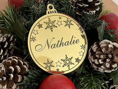 Miniatura 6 de Adorno personalizado para árbol de Navidad, nombre personalizado grabado, decoraciones navideñas, bola de Navidad con espejo, copos de nieve,
